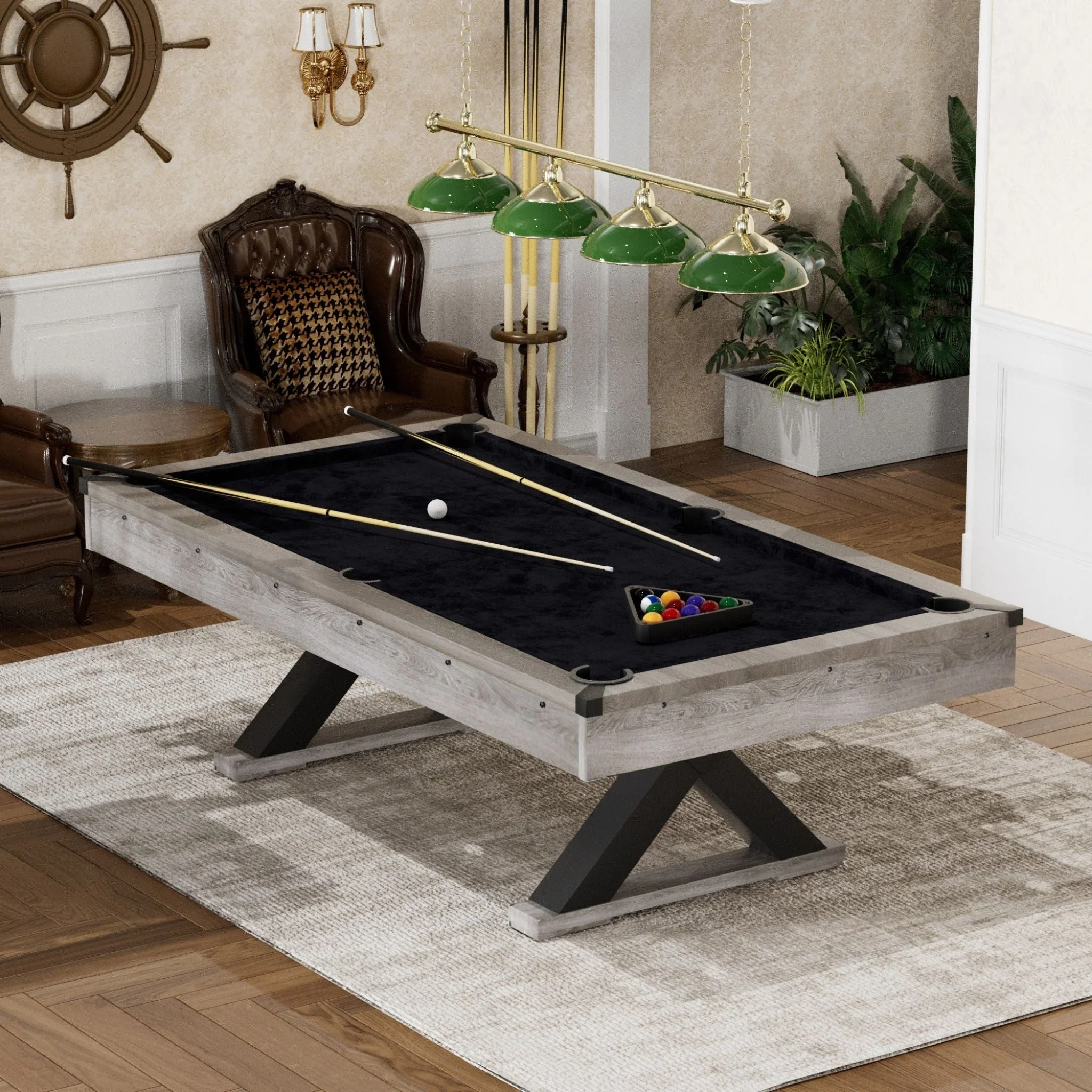 Large 84-Inch Rustic Gray Pool Table With Cues, Balls And X-Legs (SAK54361) - Image 3