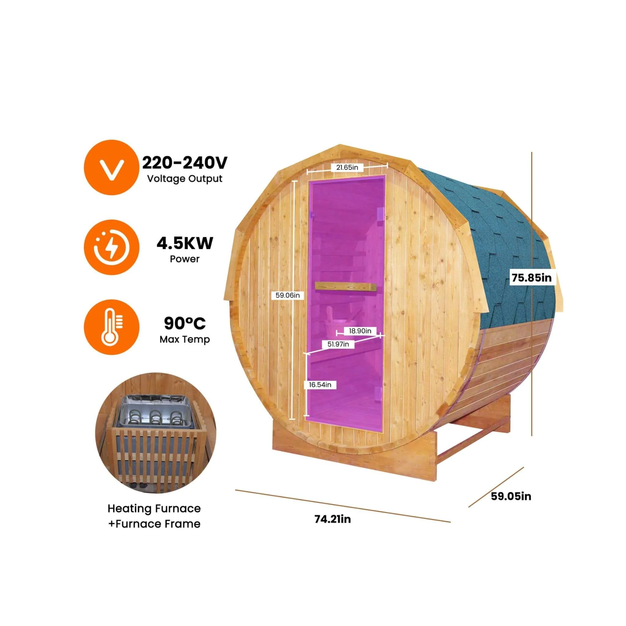 Thermora Ignite Large Premium American White Oak Outdoor Wooden Barrel Sauna With 4.5KW Sauna Heater (SAK45968) - Image 6