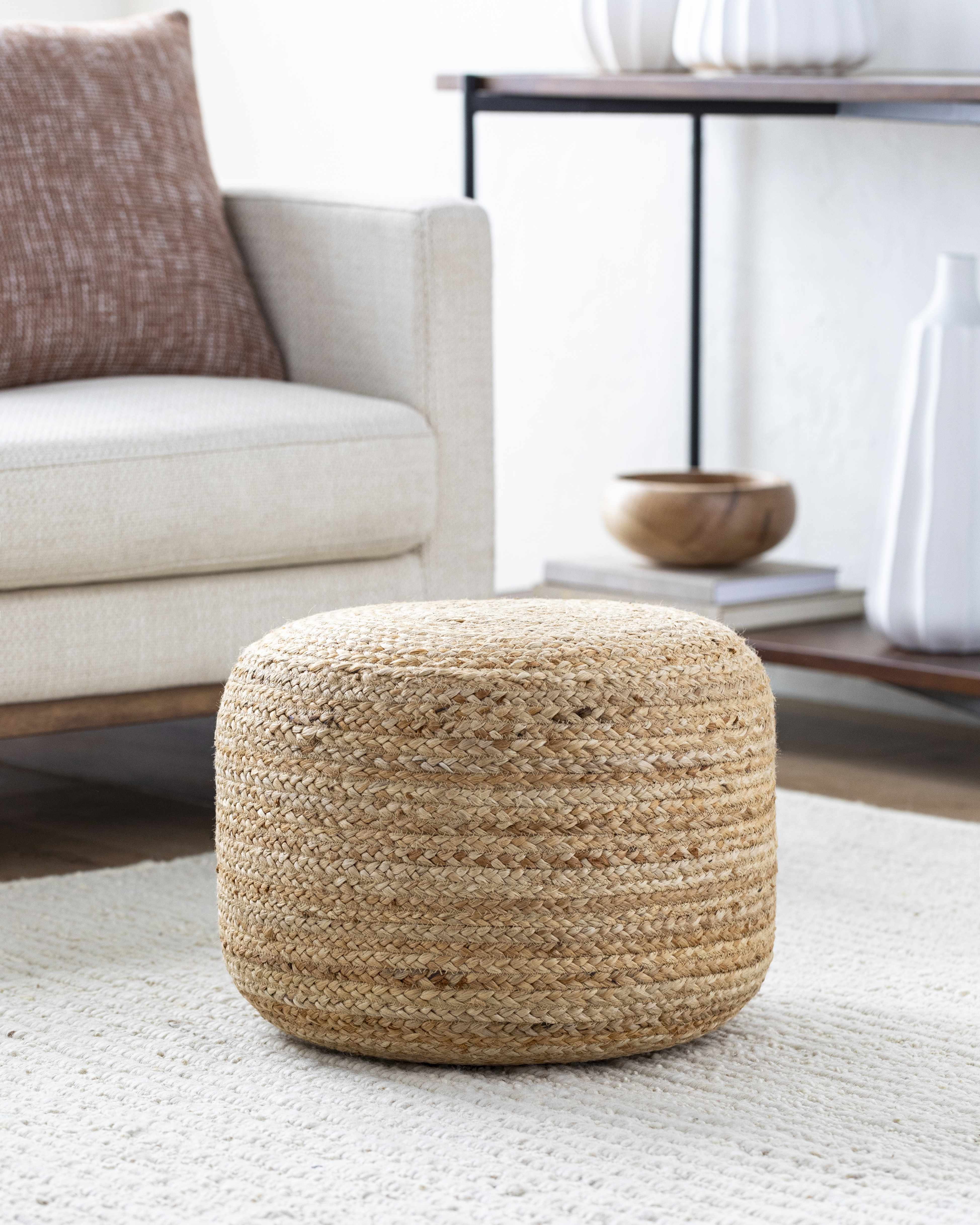 Lavertezzo Brick Red Knitted Beige Cotton Pouf - Image 5