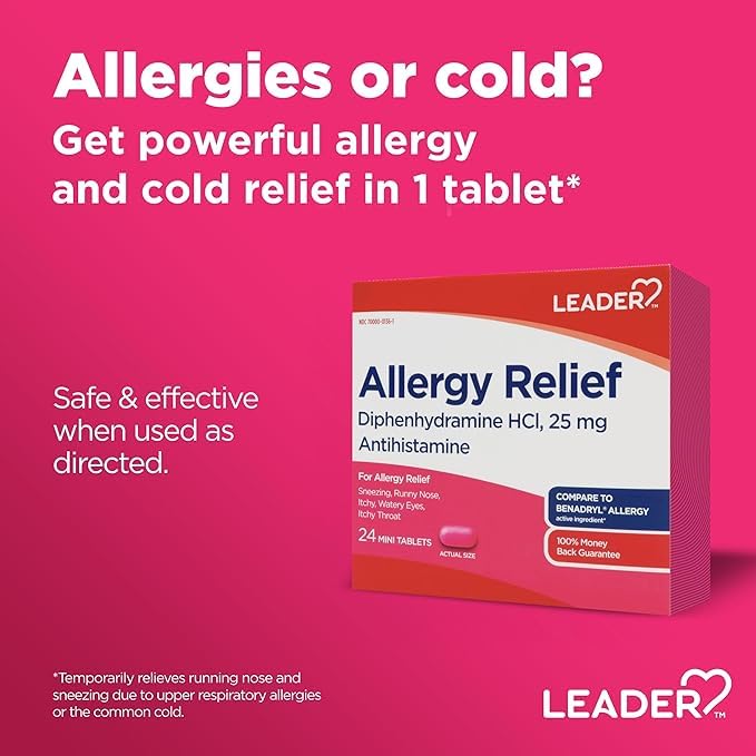 Leader Antihistamine Allergy Relief Diphenhydramine HCl, 25mg Mini Tablets, 24 Count Pack of 2 - Image 3
