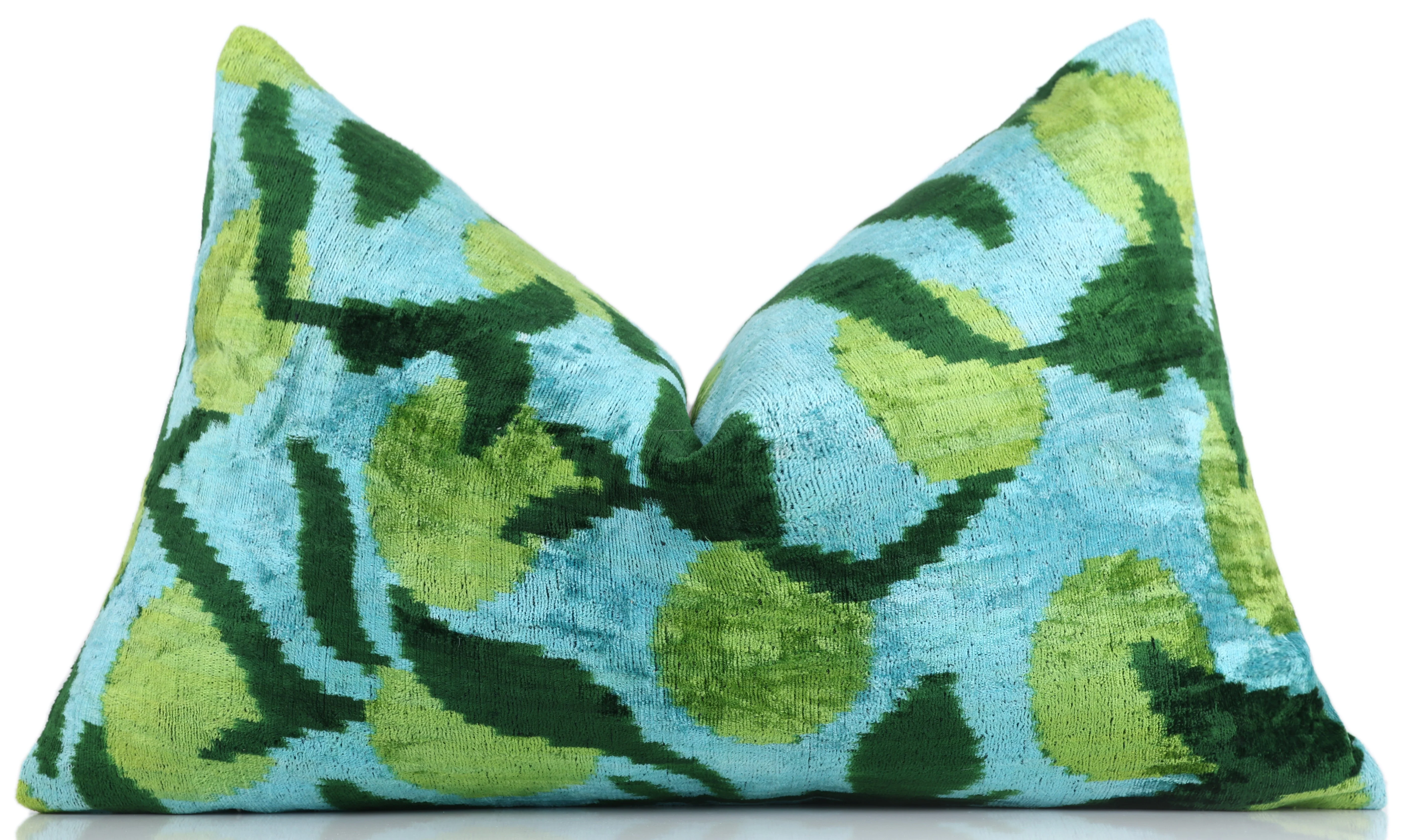 Leaf Green & Aqua Velvet Pillow – Handmade 16x24 Botanical Design - Image 5