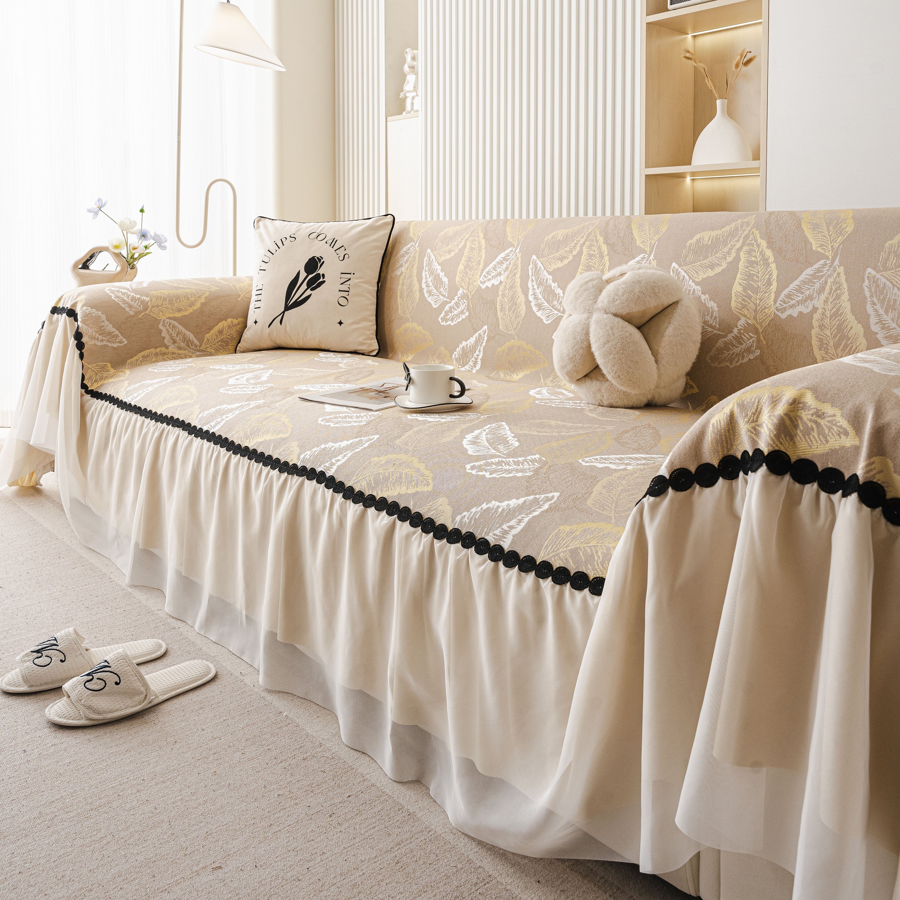 Leaf Jacquard Sofa Cover with Ruffle Skirt – Non-Slip Couch Protector with Sheer Hem - Image 10