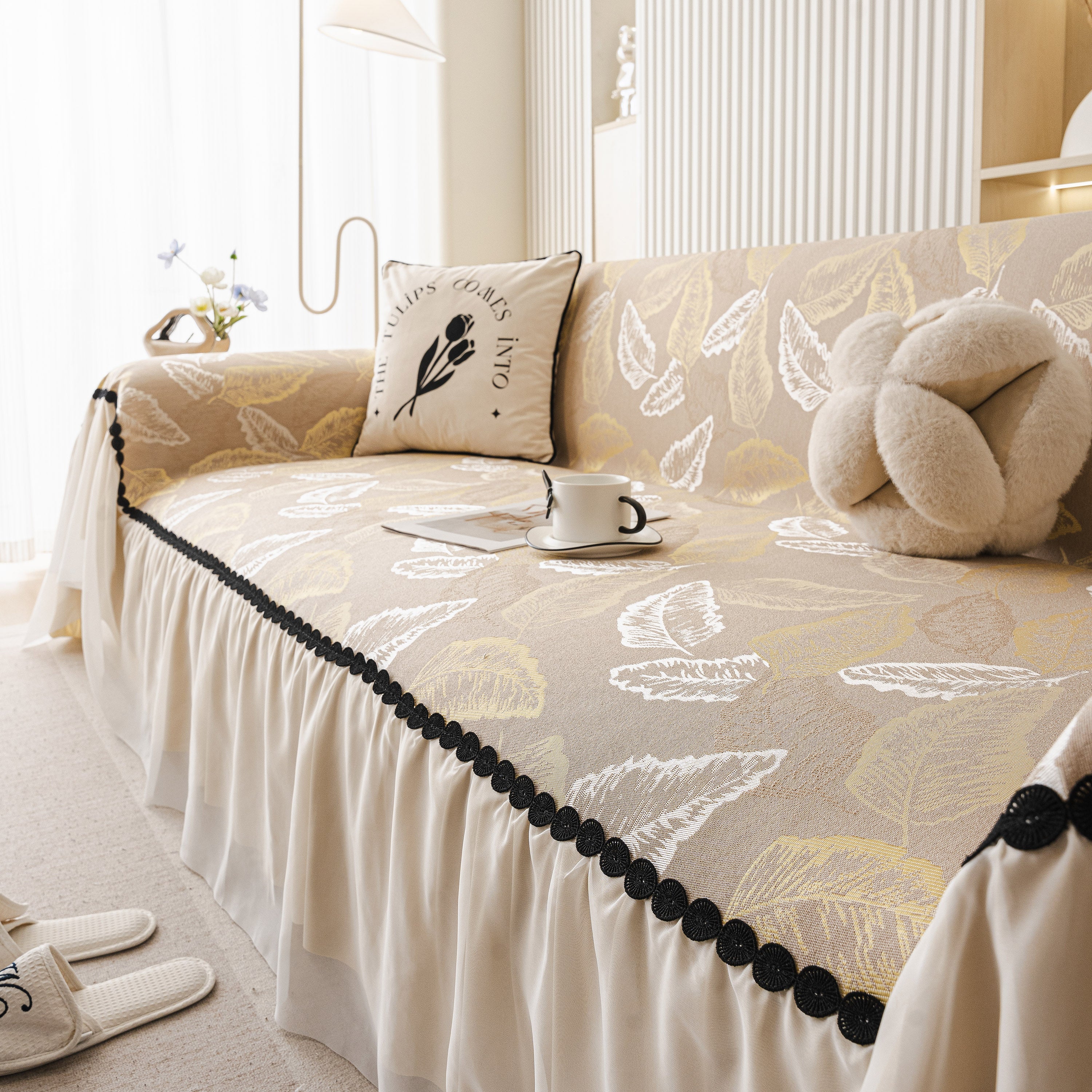 Leaf Jacquard Sofa Cover with Ruffle Skirt – Non-Slip Couch Protector with Sheer Hem - Image 11