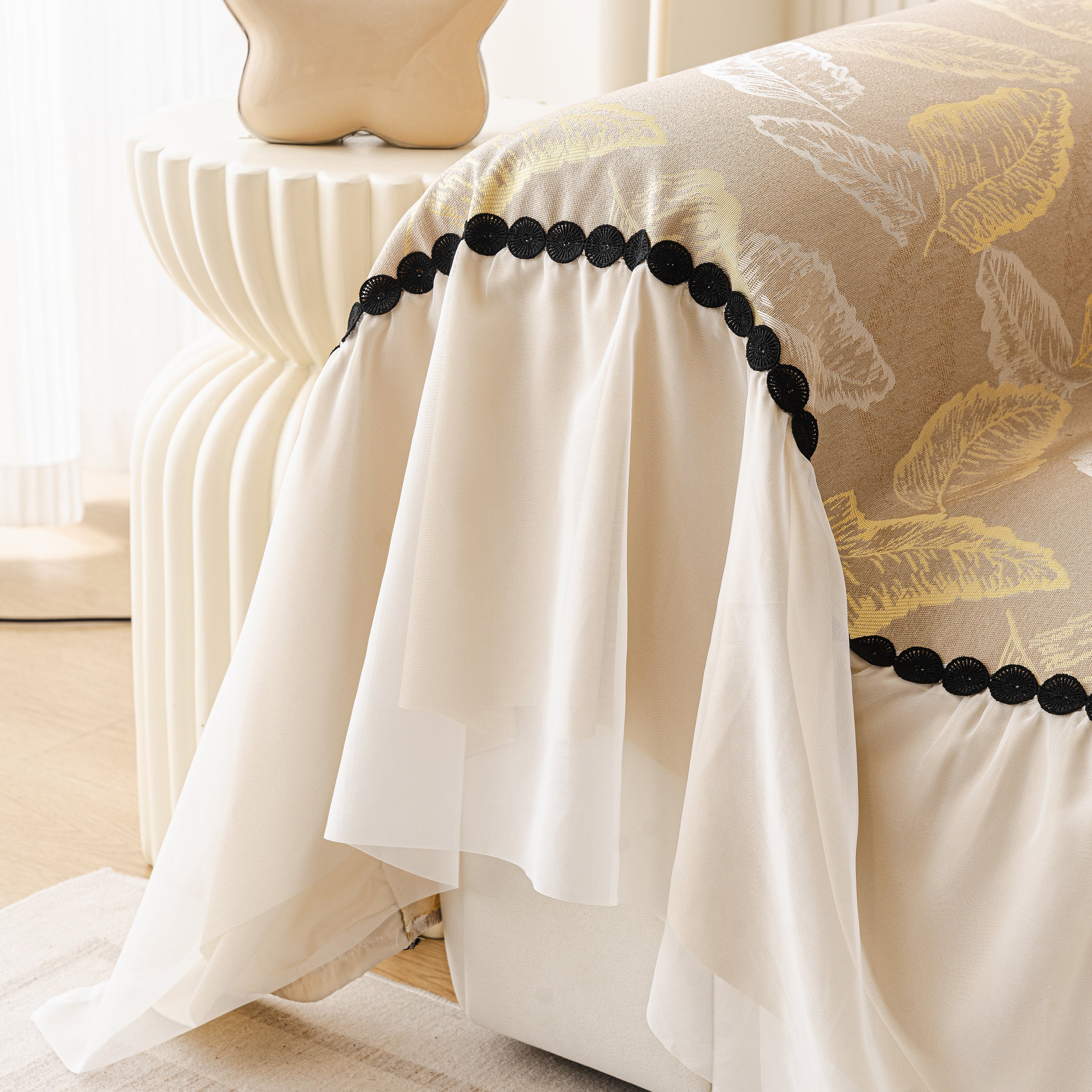 Leaf Jacquard Sofa Cover with Ruffle Skirt – Non-Slip Couch Protector with Sheer Hem - Image 12