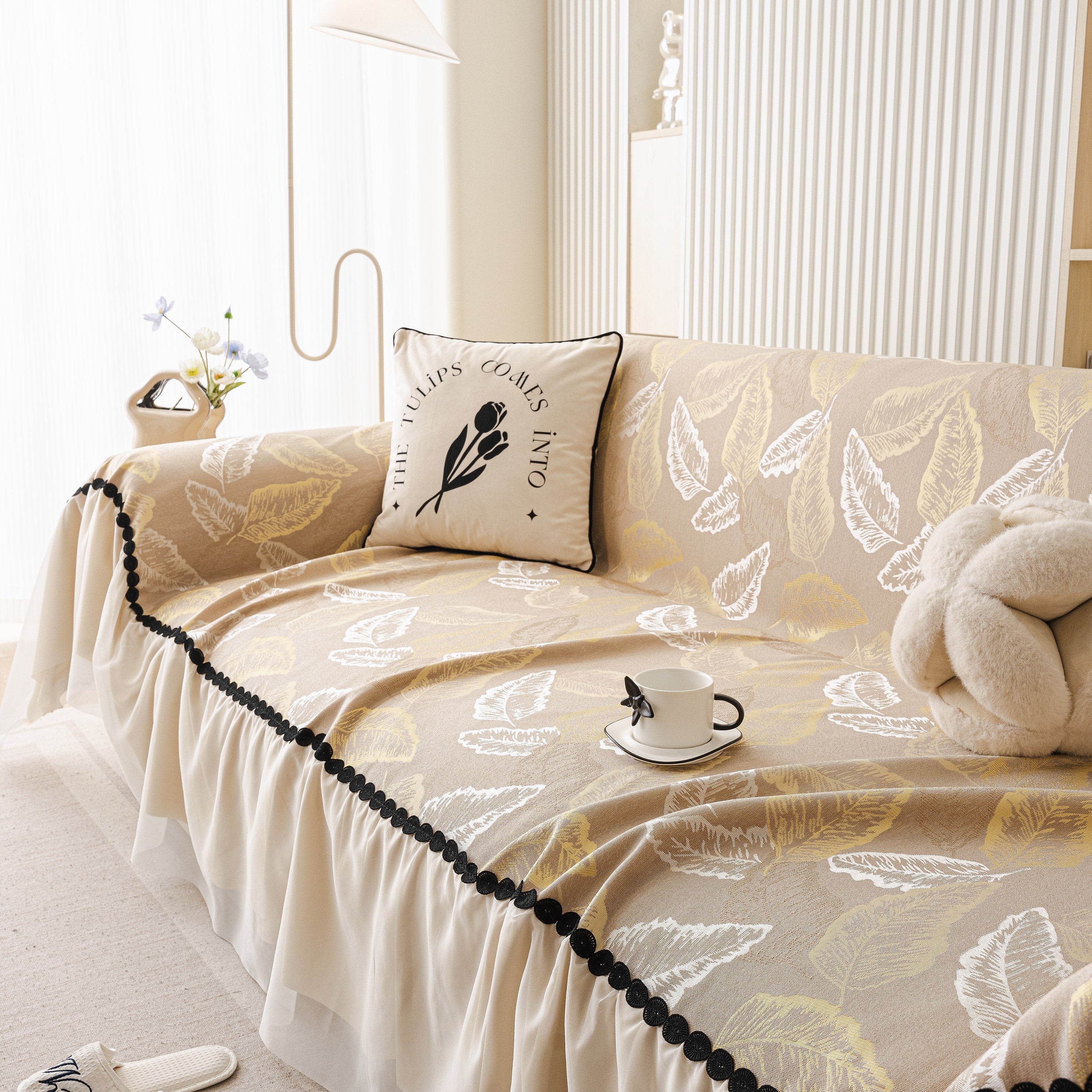 Leaf Jacquard Sofa Cover with Ruffle Skirt – Non-Slip Couch Protector with Sheer Hem - Image 14