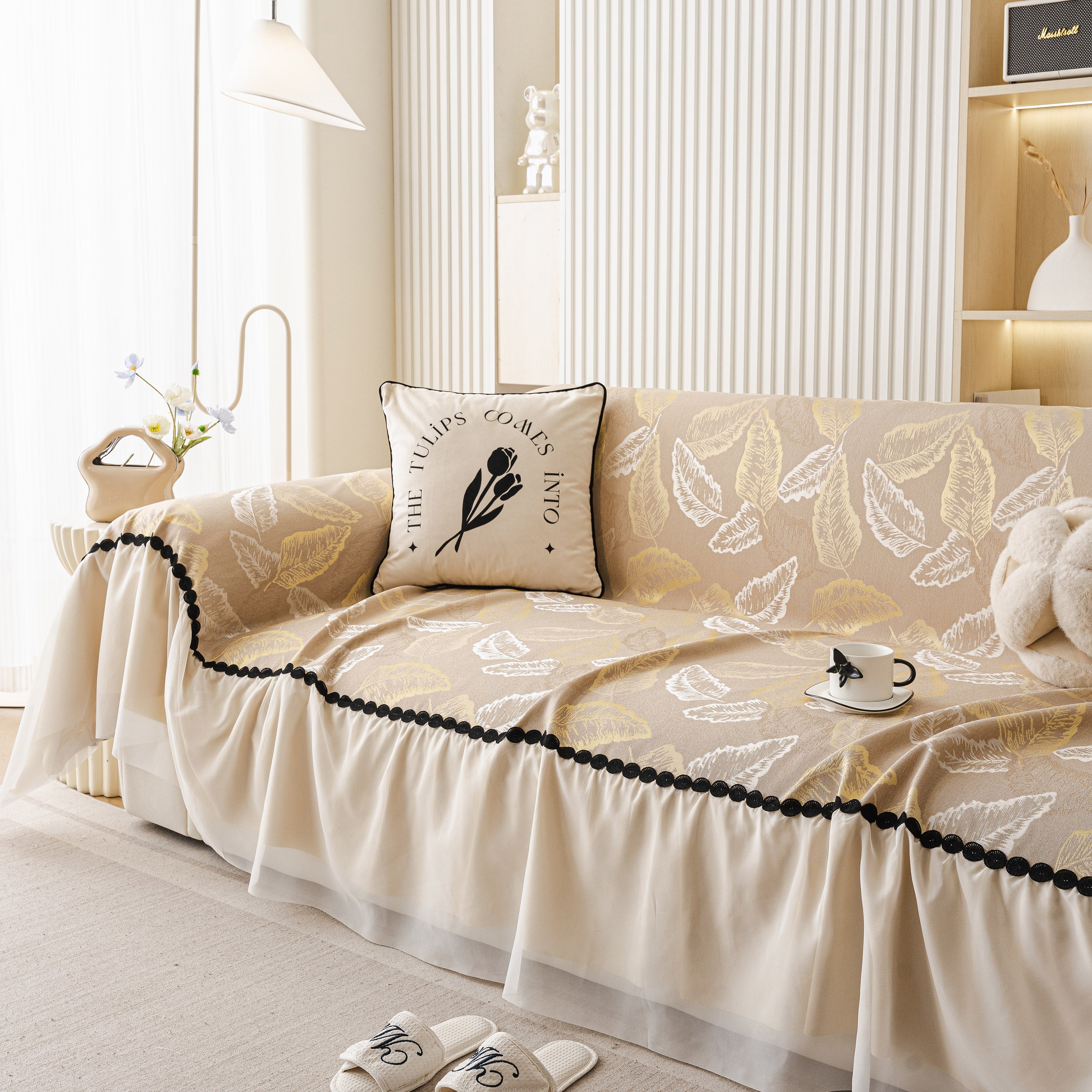 Leaf Jacquard Sofa Cover with Ruffle Skirt – Non-Slip Couch Protector with Sheer Hem - Image 15
