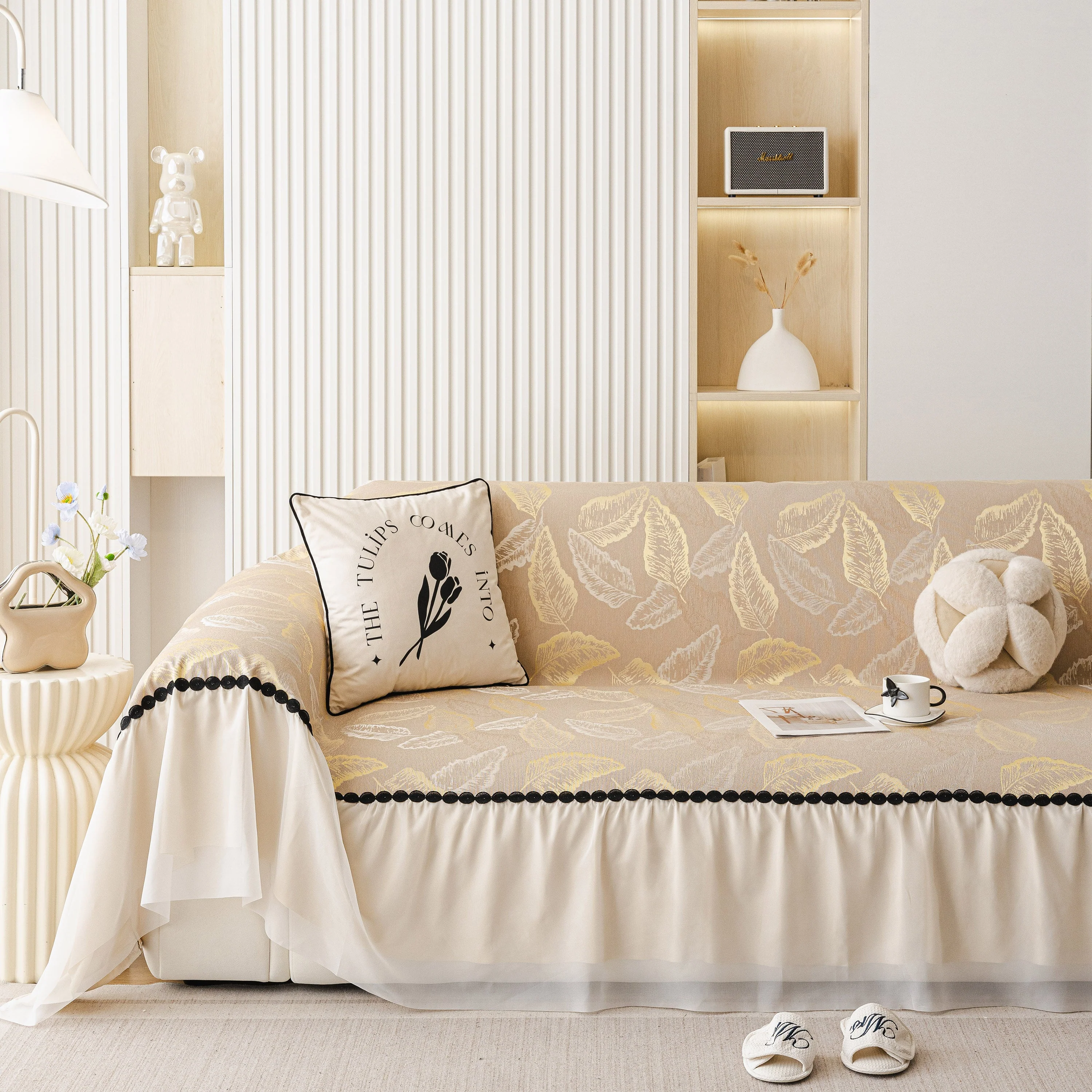Leaf Jacquard Sofa Cover with Ruffle Skirt – Non-Slip Couch Protector with Sheer Hem - Image 2