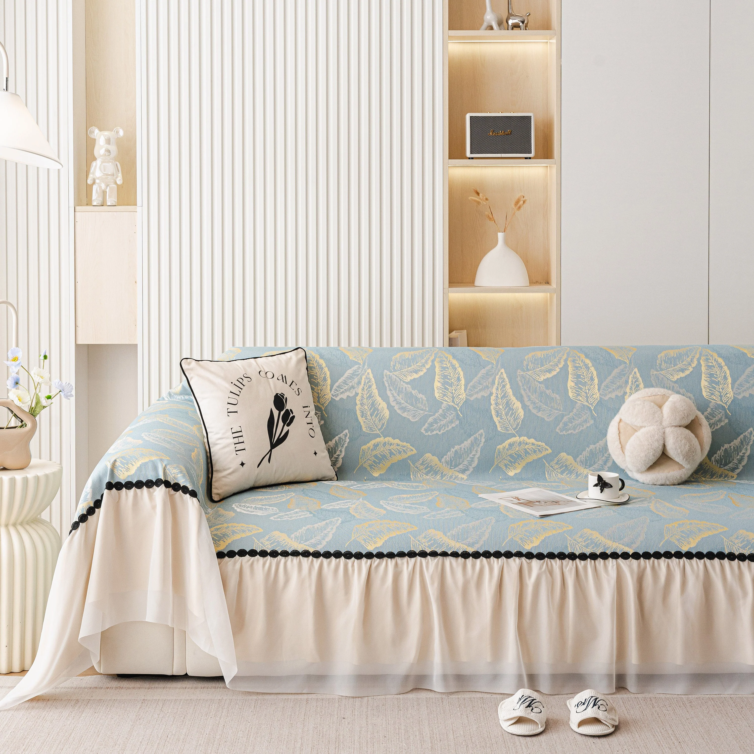 Leaf Jacquard Sofa Cover with Ruffle Skirt – Non-Slip Couch Protector with Sheer Hem - Image 20