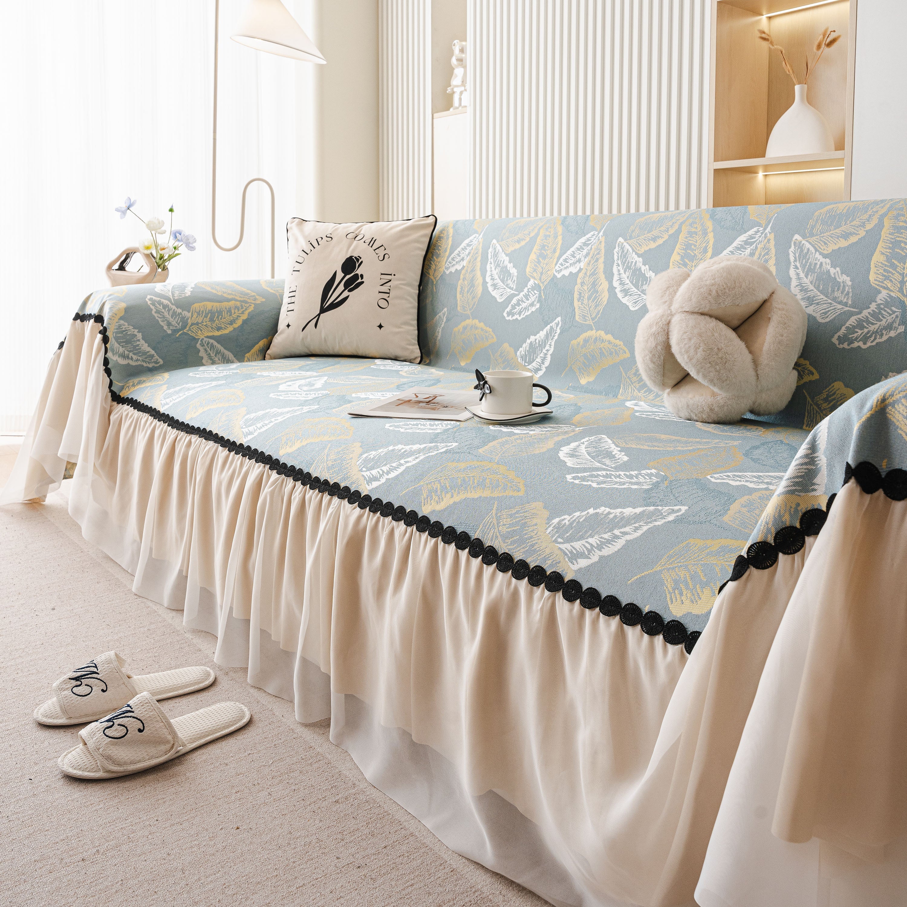 Leaf Jacquard Sofa Cover with Ruffle Skirt – Non-Slip Couch Protector with Sheer Hem - Image 21