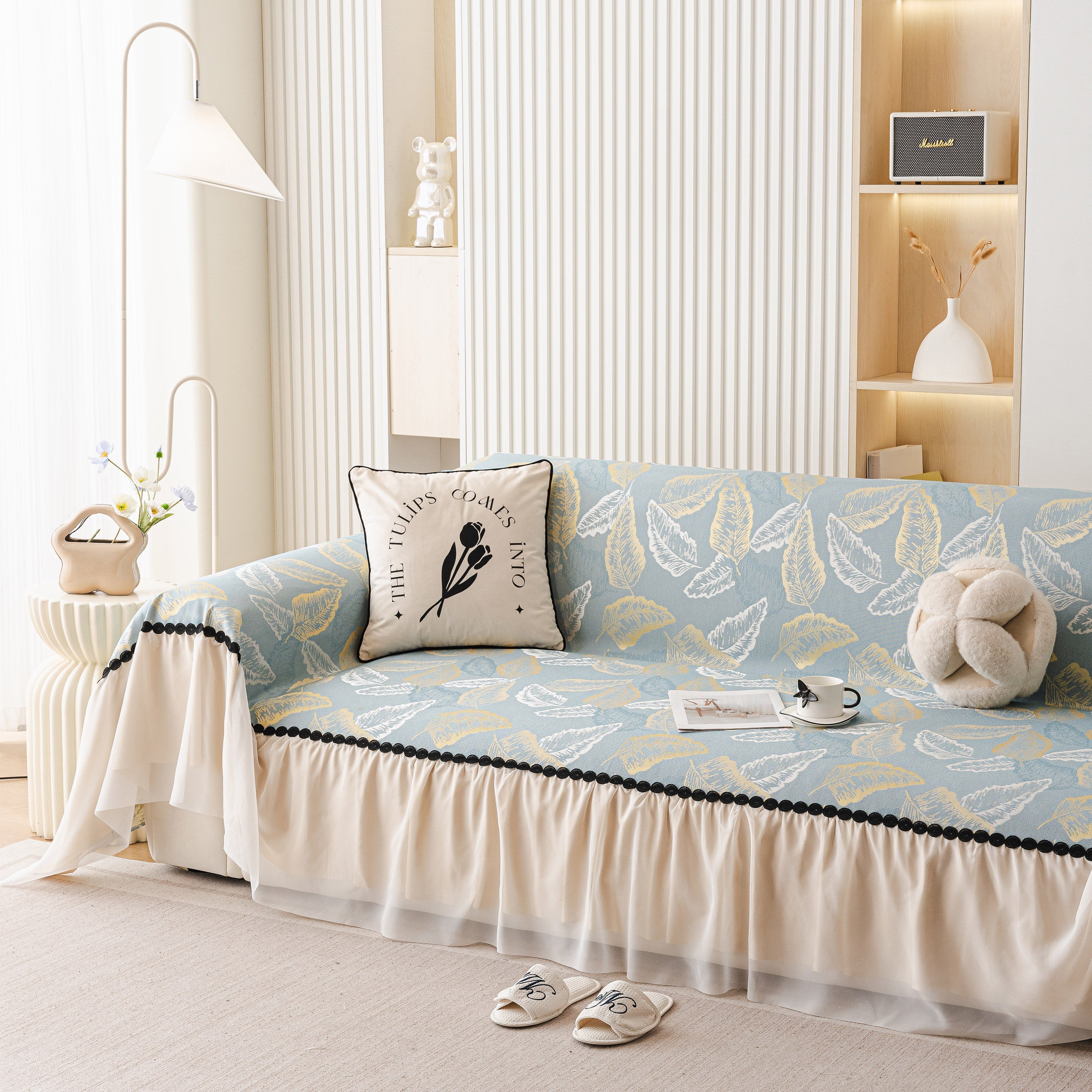 Leaf Jacquard Sofa Cover with Ruffle Skirt – Non-Slip Couch Protector with Sheer Hem - Image 22