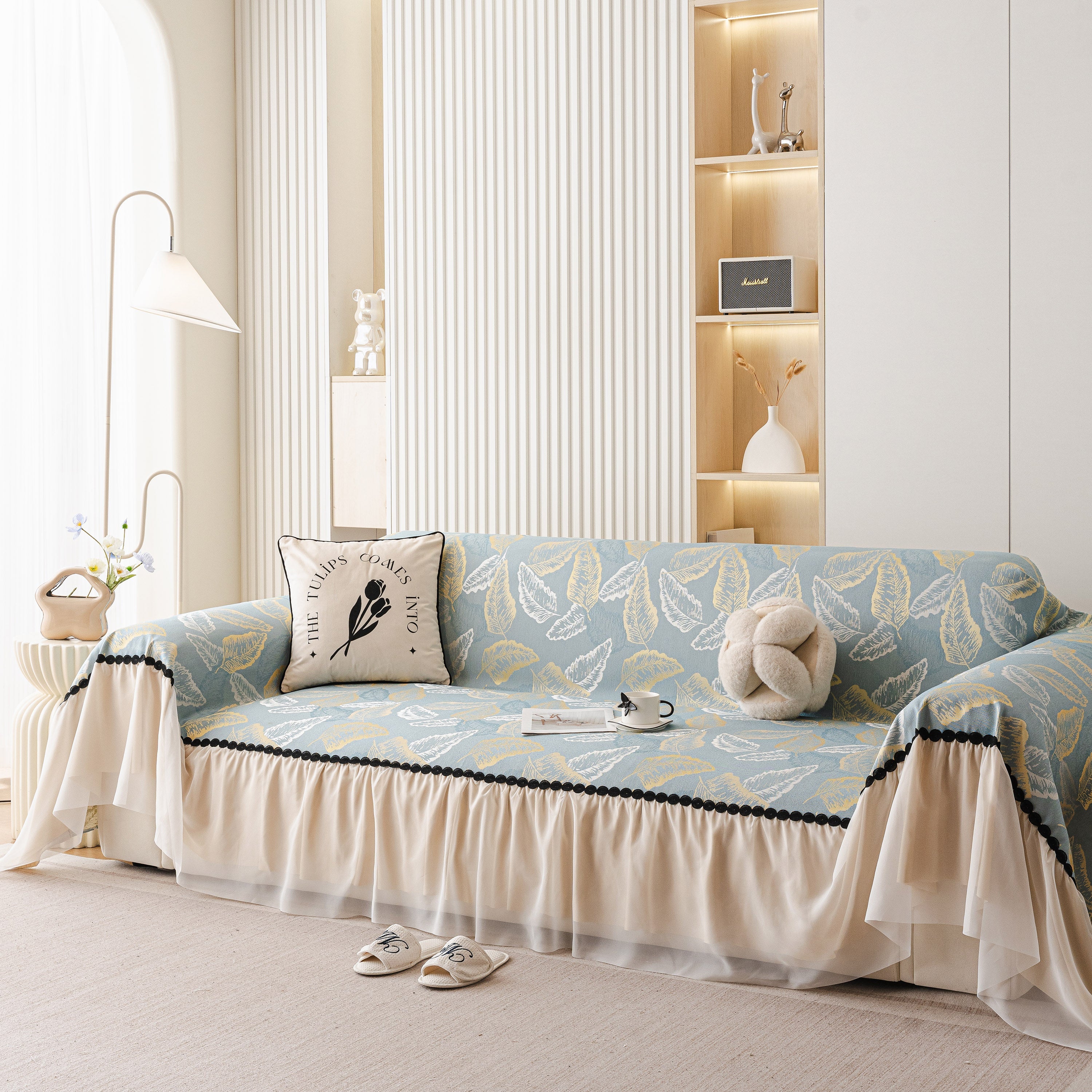 Leaf Jacquard Sofa Cover with Ruffle Skirt – Non-Slip Couch Protector with Sheer Hem - Image 23