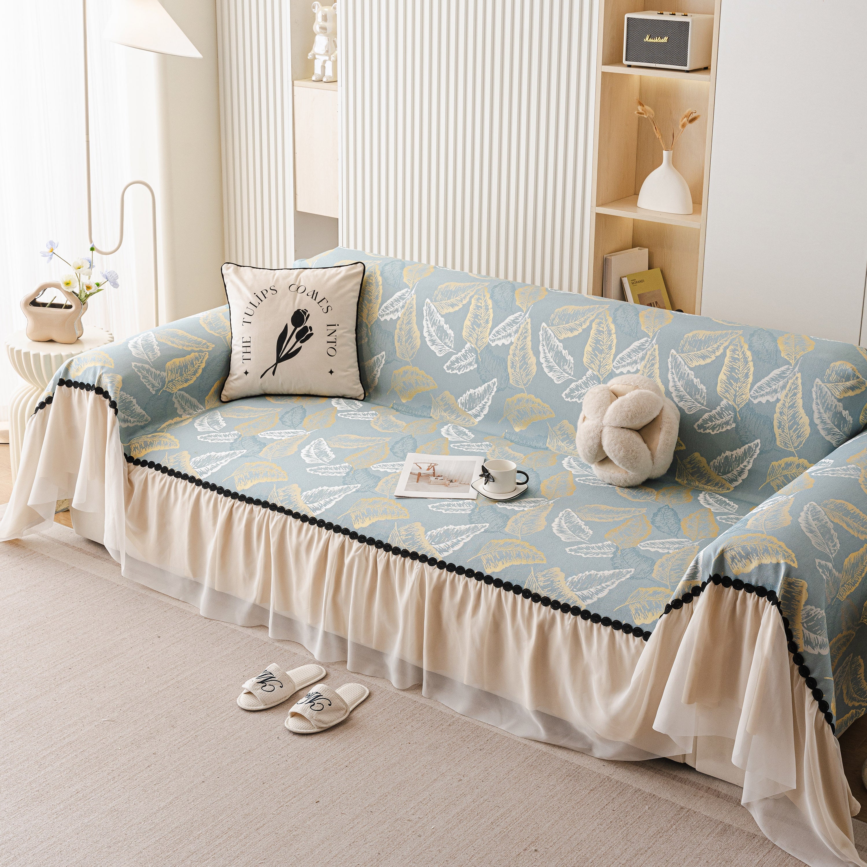 Leaf Jacquard Sofa Cover with Ruffle Skirt – Non-Slip Couch Protector with Sheer Hem - Image 24