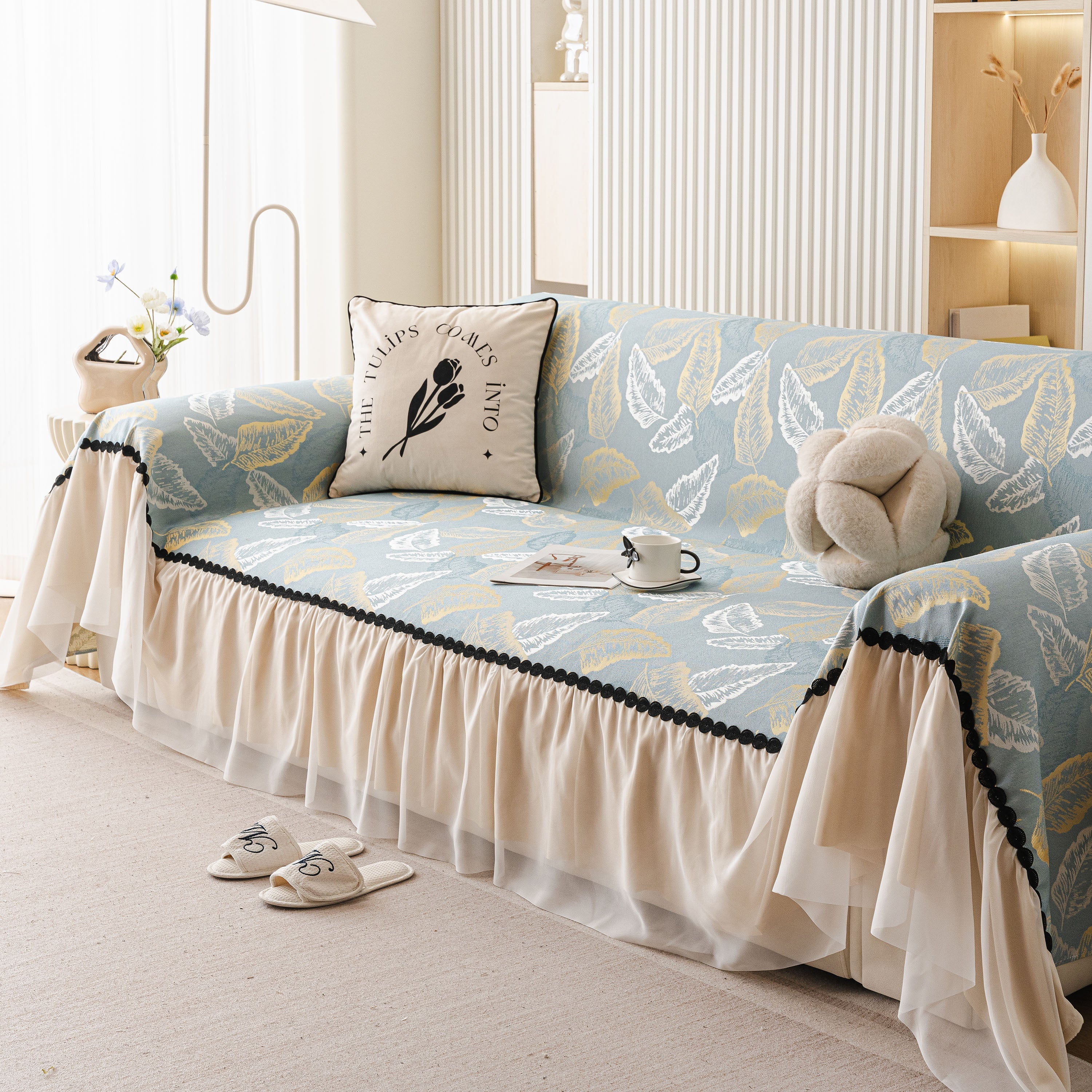 Leaf Jacquard Sofa Cover with Ruffle Skirt – Non-Slip Couch Protector with Sheer Hem - Image 25