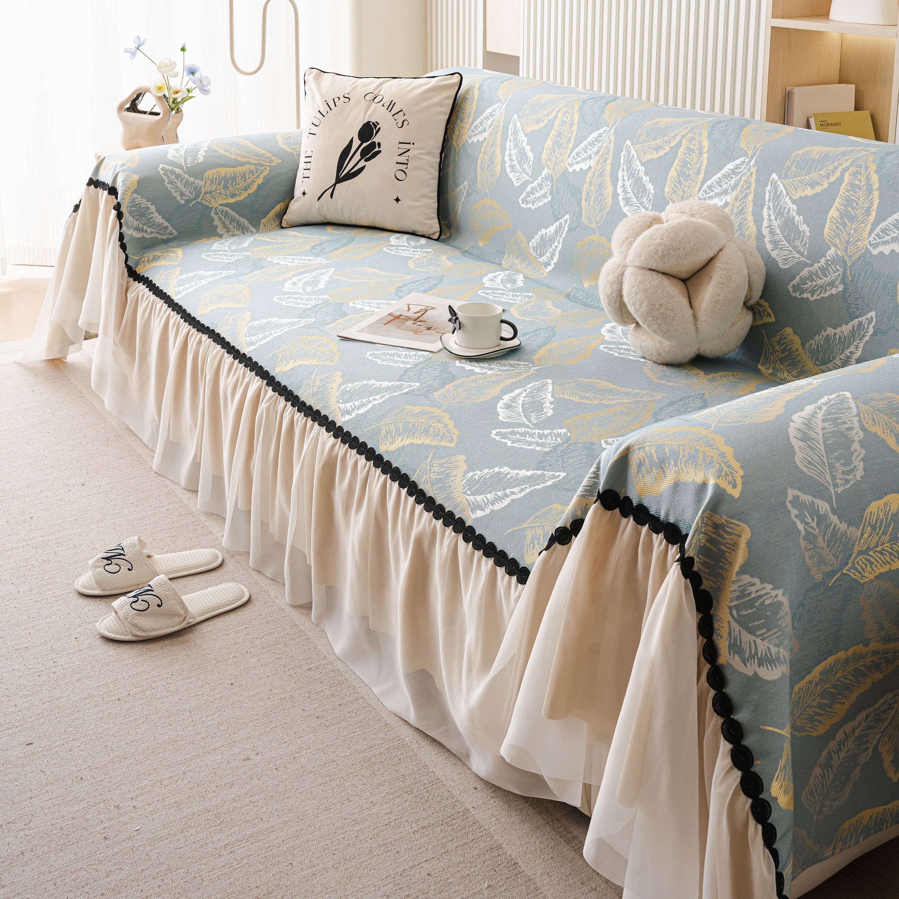 Leaf Jacquard Sofa Cover with Ruffle Skirt – Non-Slip Couch Protector with Sheer Hem - Image 26