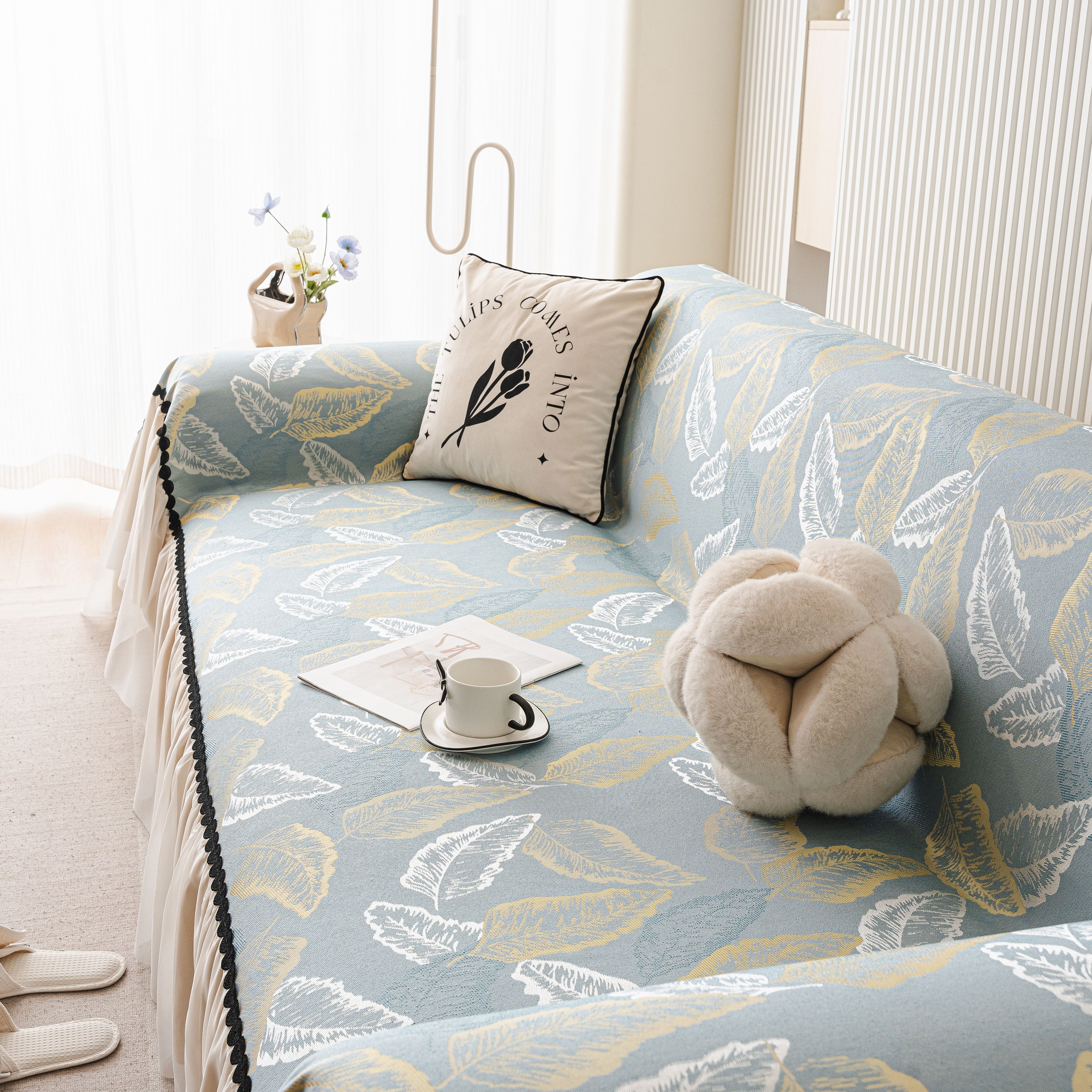 Leaf Jacquard Sofa Cover with Ruffle Skirt – Non-Slip Couch Protector with Sheer Hem - Image 27