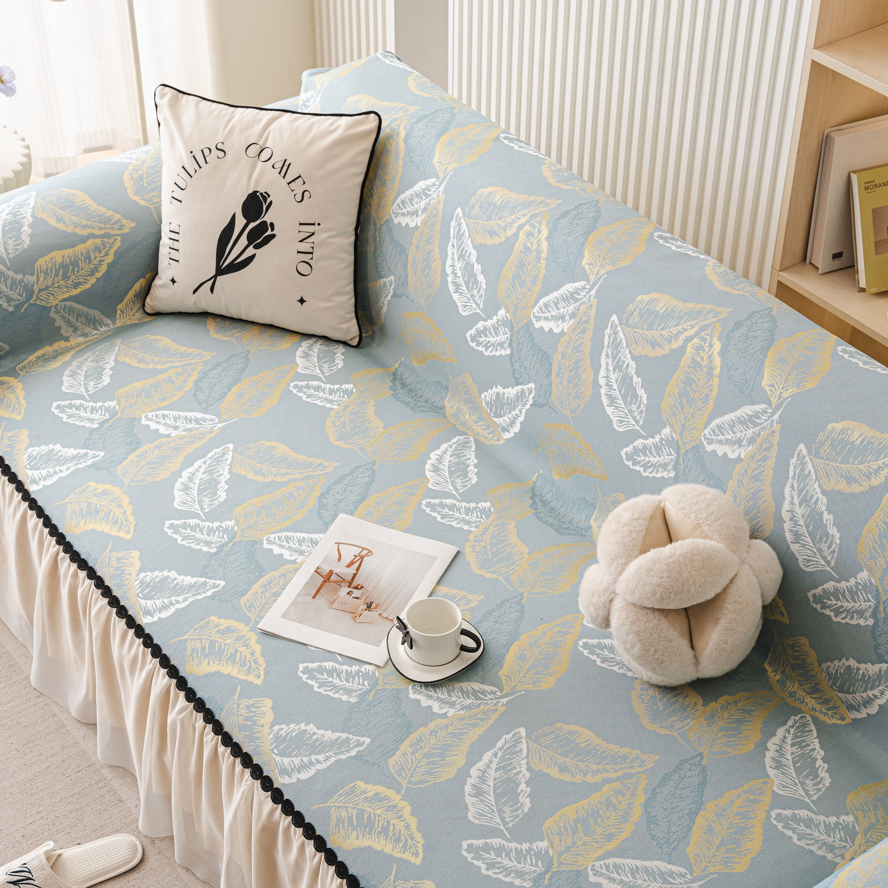 Leaf Jacquard Sofa Cover with Ruffle Skirt – Non-Slip Couch Protector with Sheer Hem - Image 28