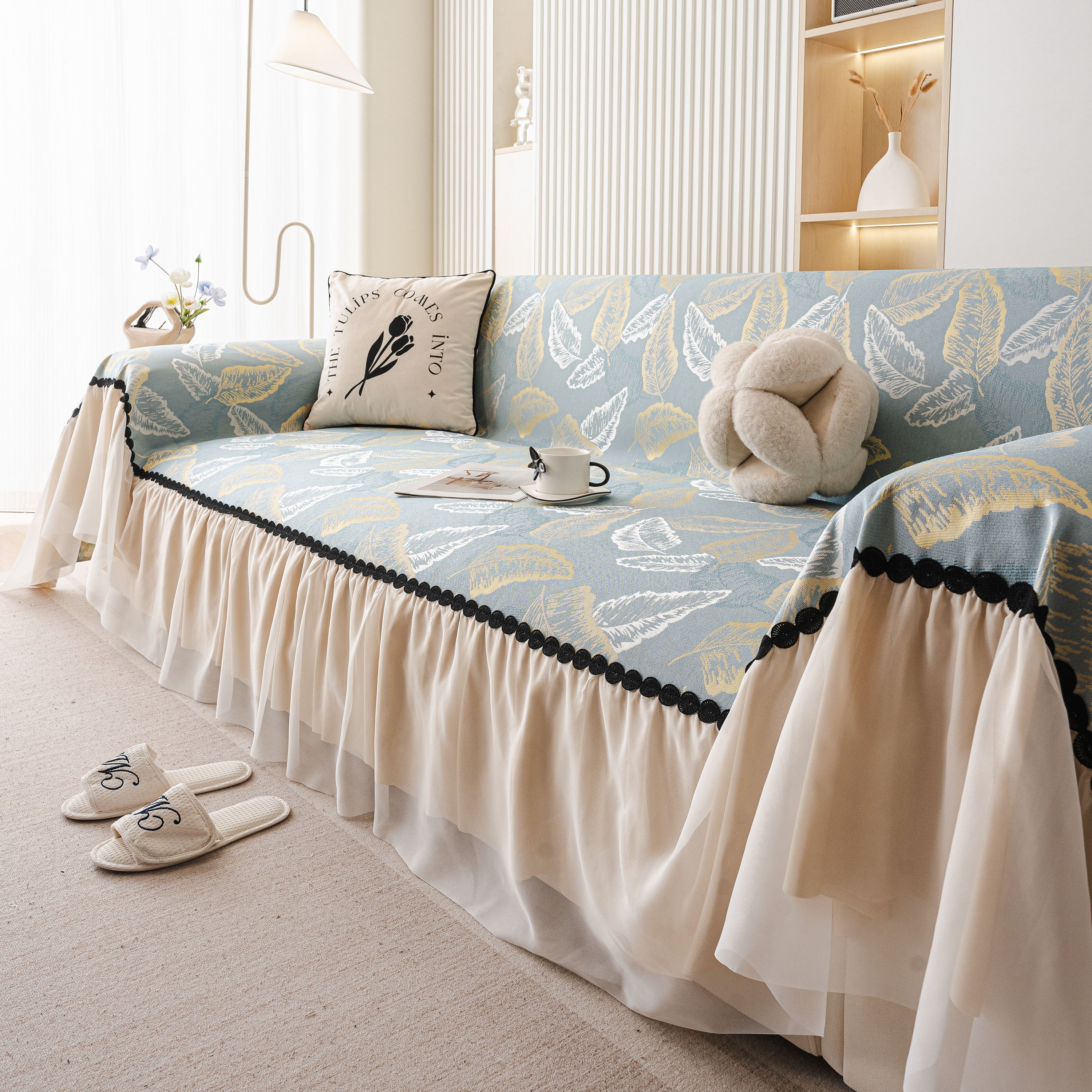 Leaf Jacquard Sofa Cover with Ruffle Skirt – Non-Slip Couch Protector with Sheer Hem - Image 29
