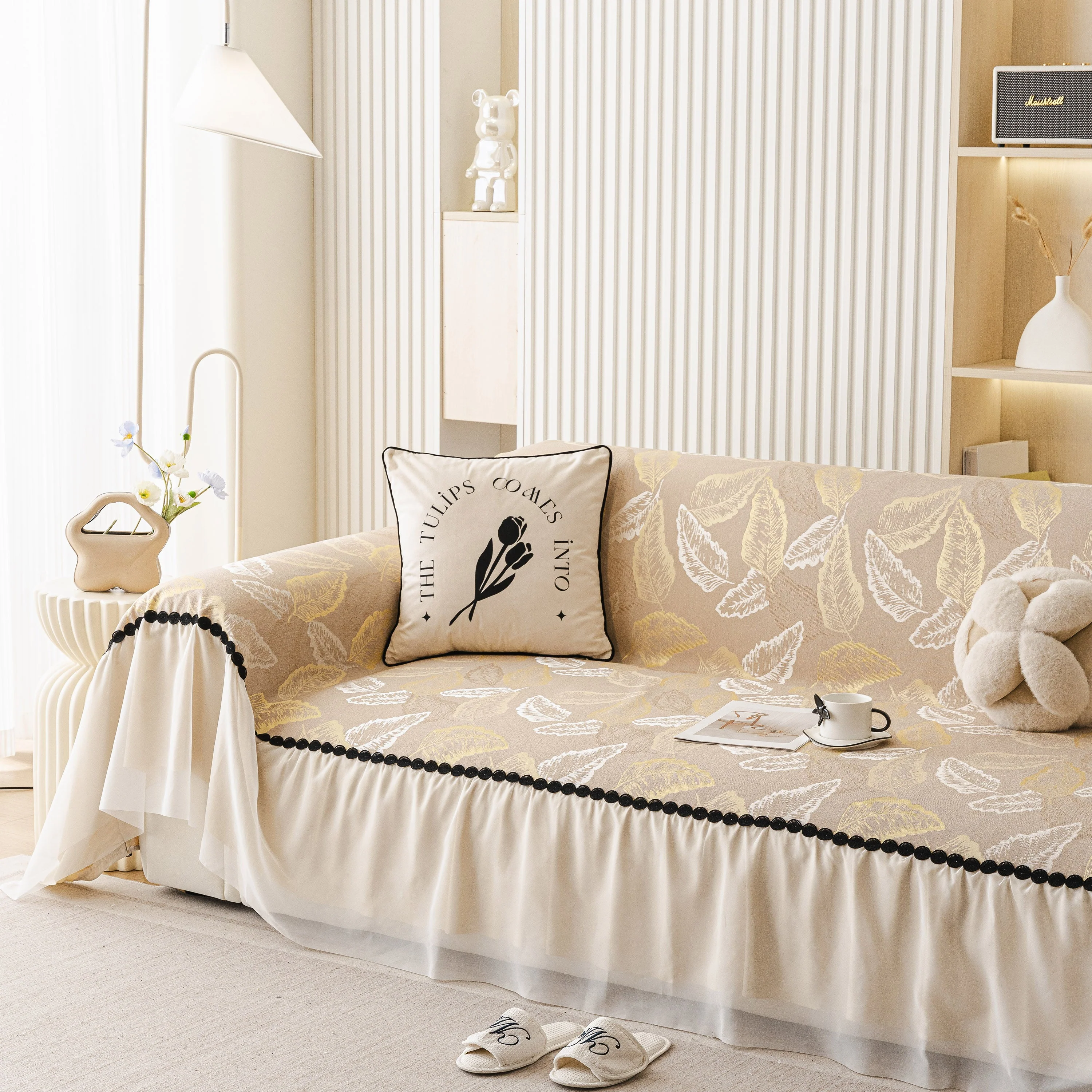 Leaf Jacquard Sofa Cover with Ruffle Skirt – Non-Slip Couch Protector with Sheer Hem - Image 3