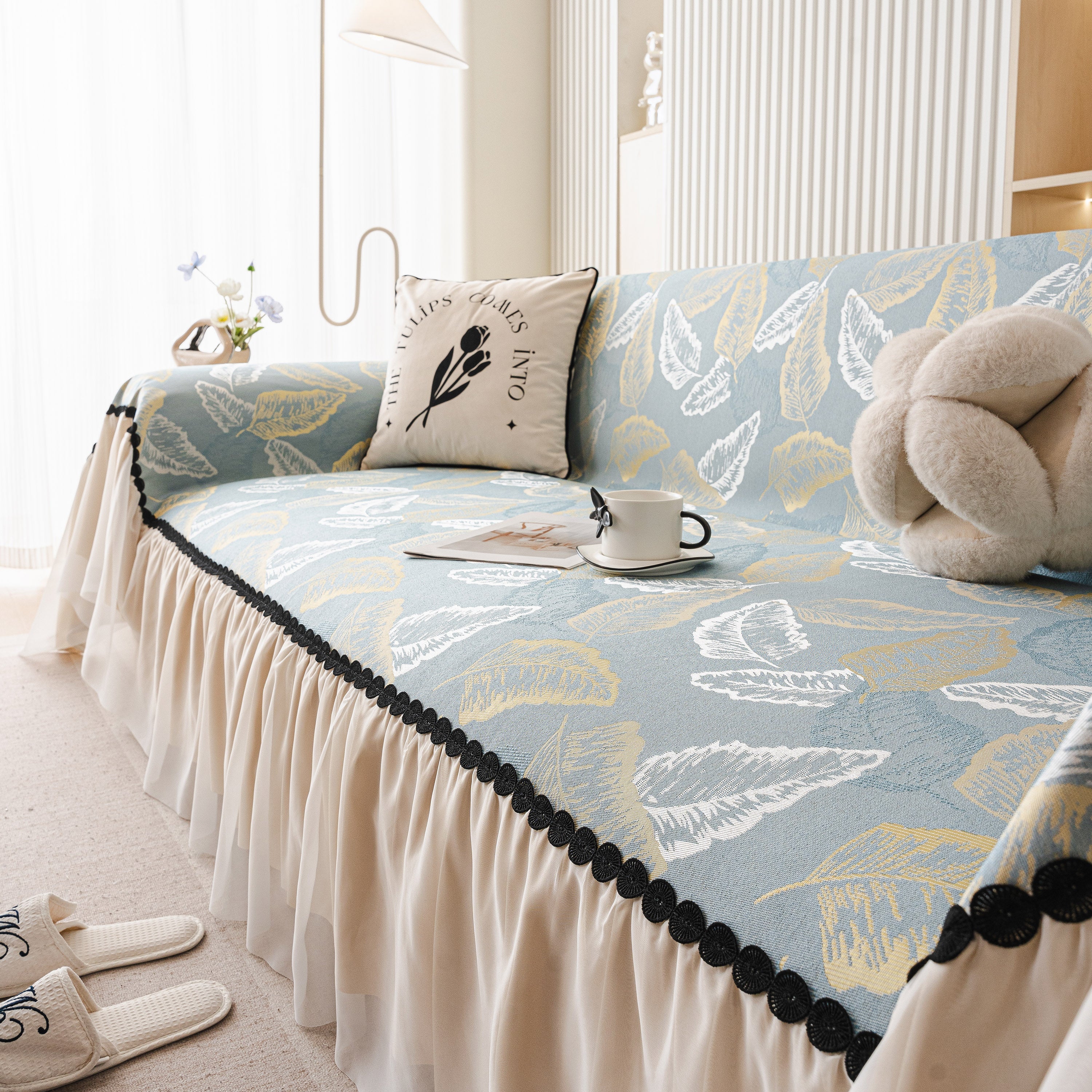 Leaf Jacquard Sofa Cover with Ruffle Skirt – Non-Slip Couch Protector with Sheer Hem - Image 30