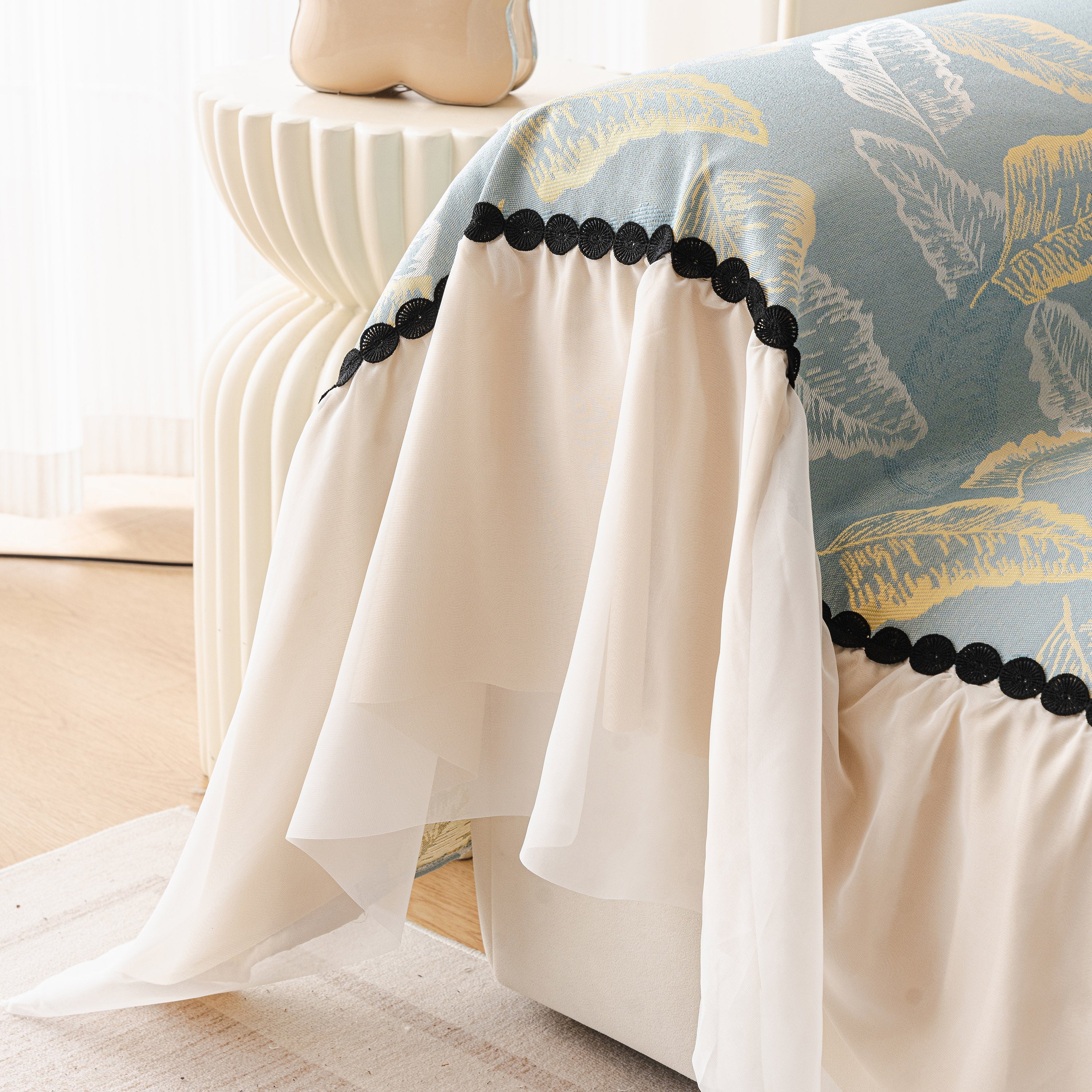 Leaf Jacquard Sofa Cover with Ruffle Skirt – Non-Slip Couch Protector with Sheer Hem - Image 31