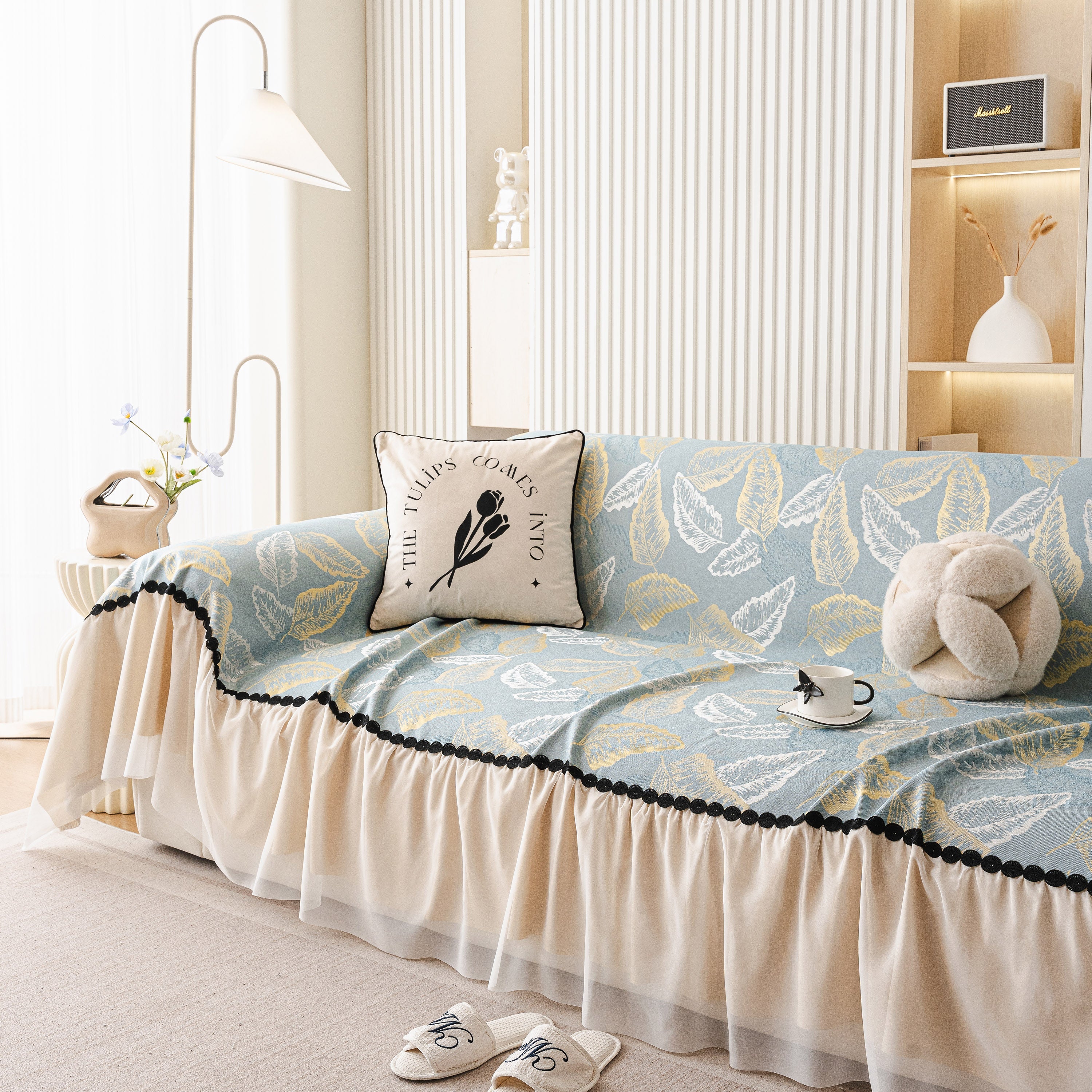 Leaf Jacquard Sofa Cover with Ruffle Skirt – Non-Slip Couch Protector with Sheer Hem - Image 34