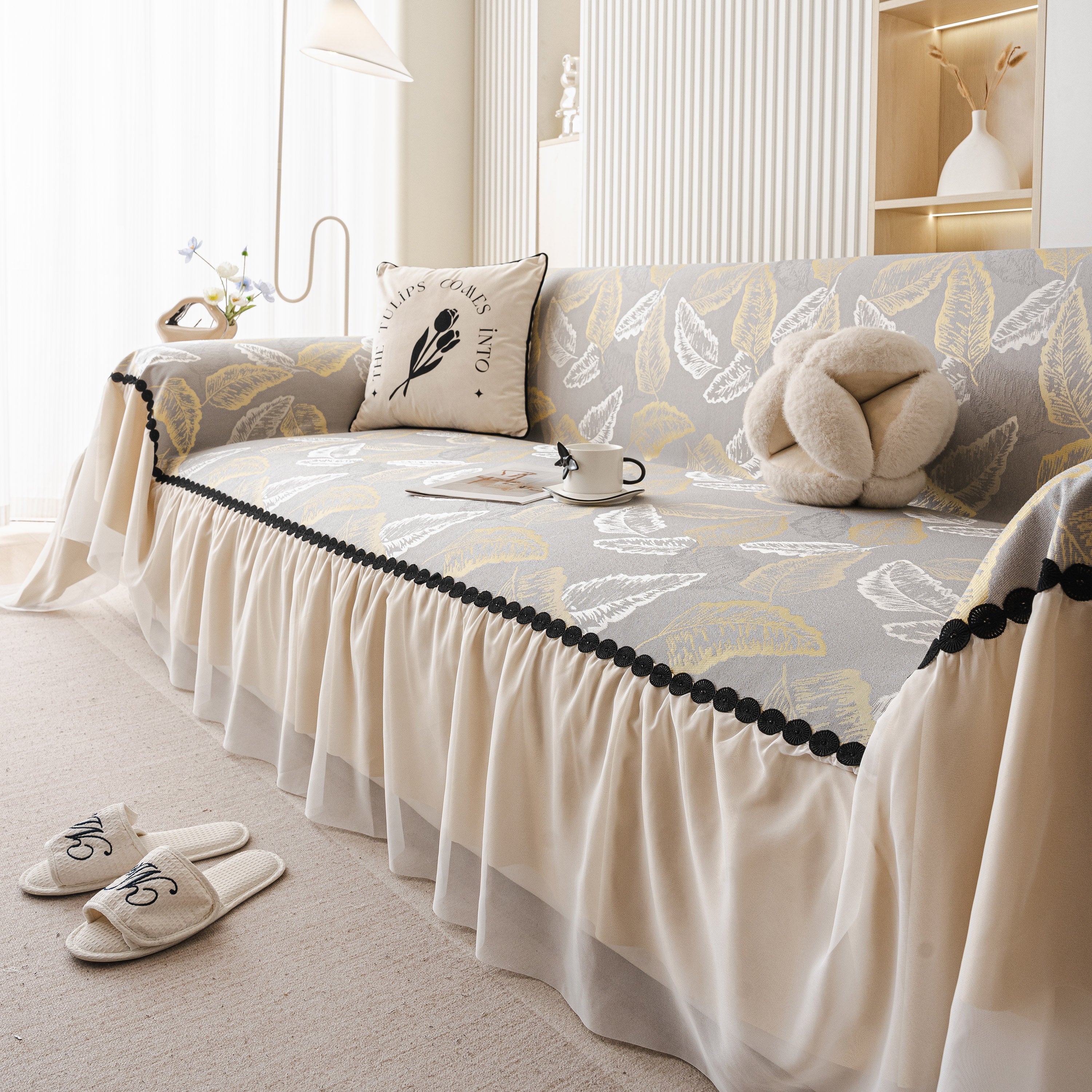Leaf Jacquard Sofa Cover with Ruffle Skirt – Non-Slip Couch Protector with Sheer Hem - Image 38
