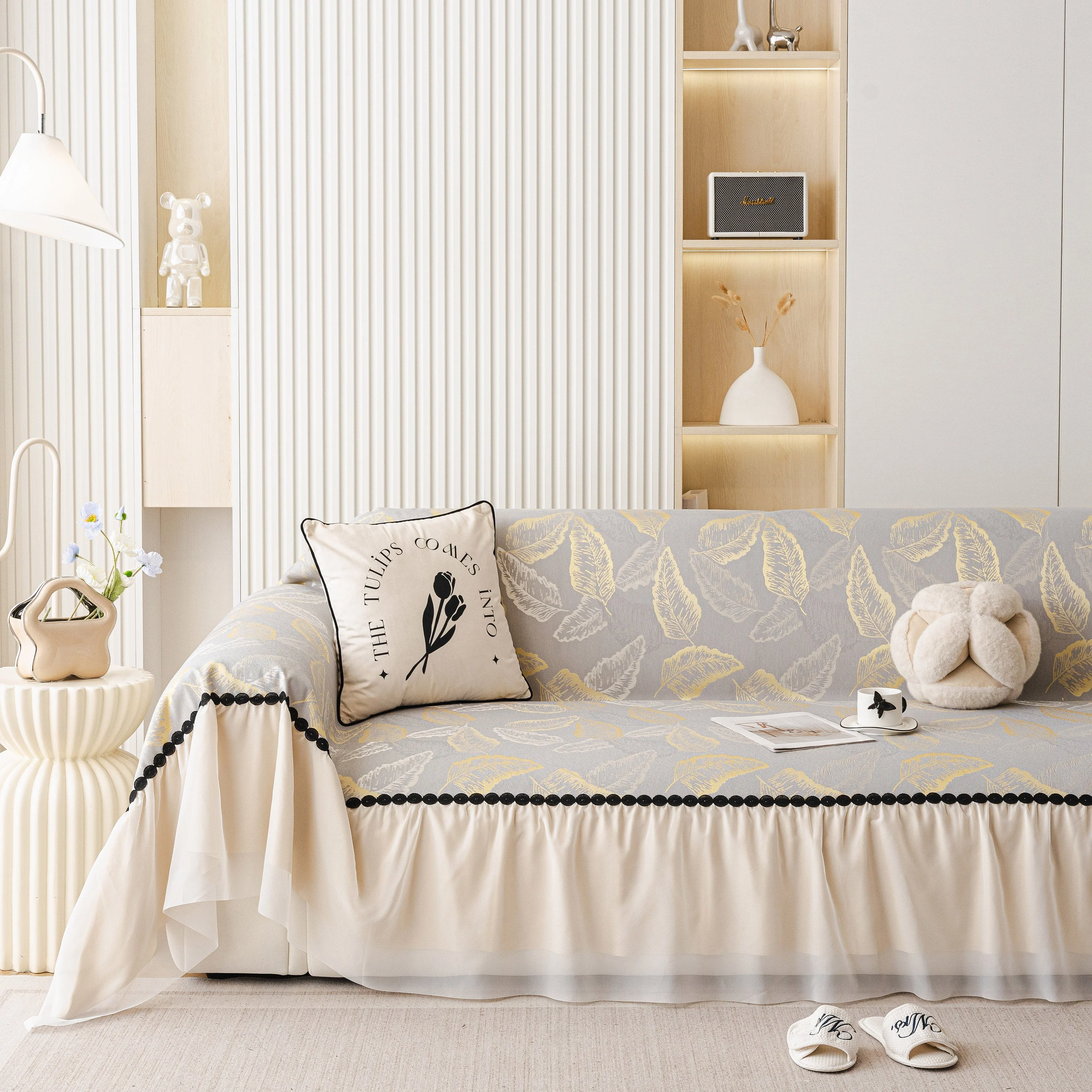 Leaf Jacquard Sofa Cover with Ruffle Skirt – Non-Slip Couch Protector with Sheer Hem - Image 39