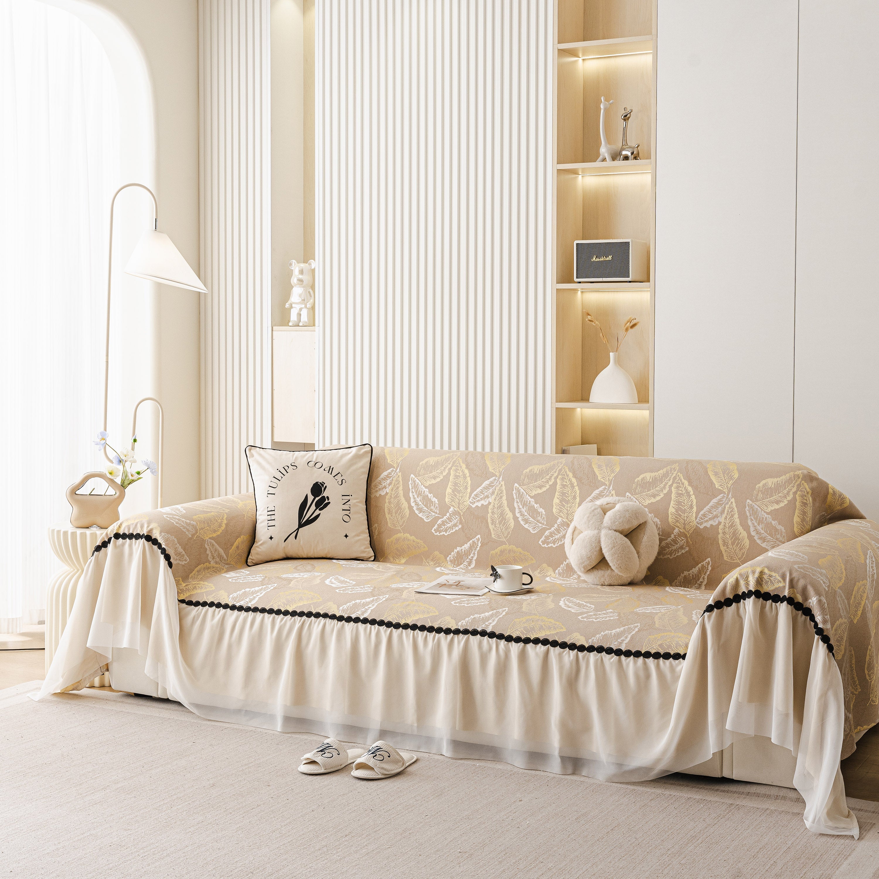 Leaf Jacquard Sofa Cover with Ruffle Skirt – Non-Slip Couch Protector with Sheer Hem - Image 4
