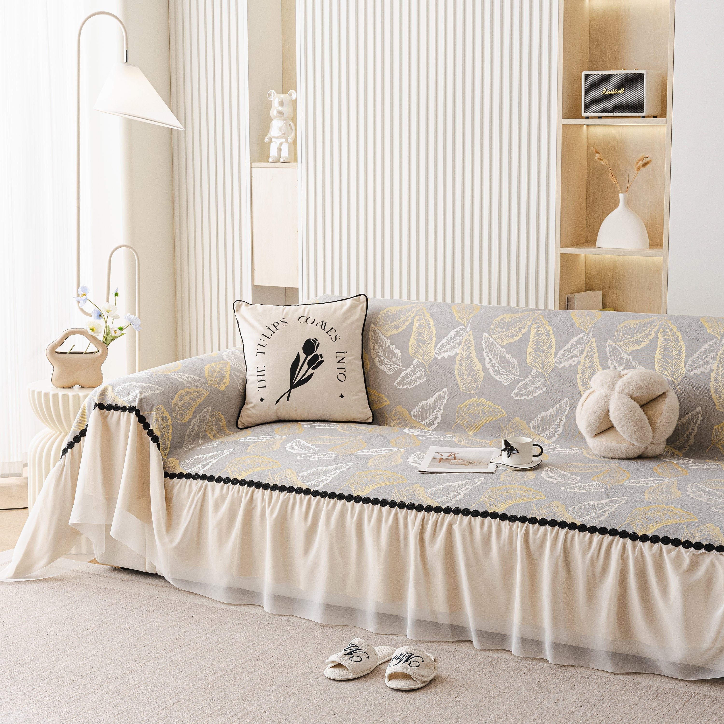 Leaf Jacquard Sofa Cover with Ruffle Skirt – Non-Slip Couch Protector with Sheer Hem - Image 40