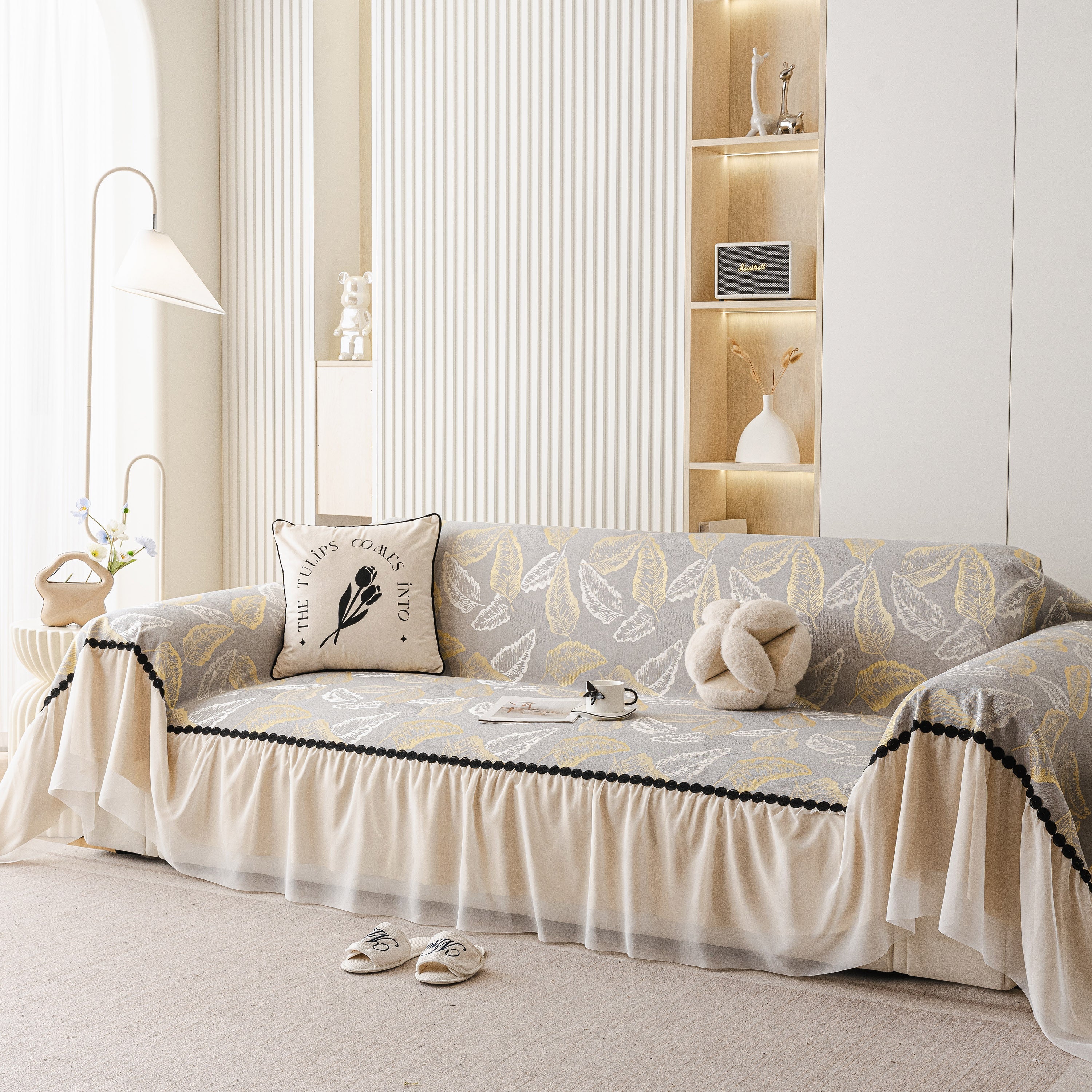 Leaf Jacquard Sofa Cover with Ruffle Skirt – Non-Slip Couch Protector with Sheer Hem - Image 41