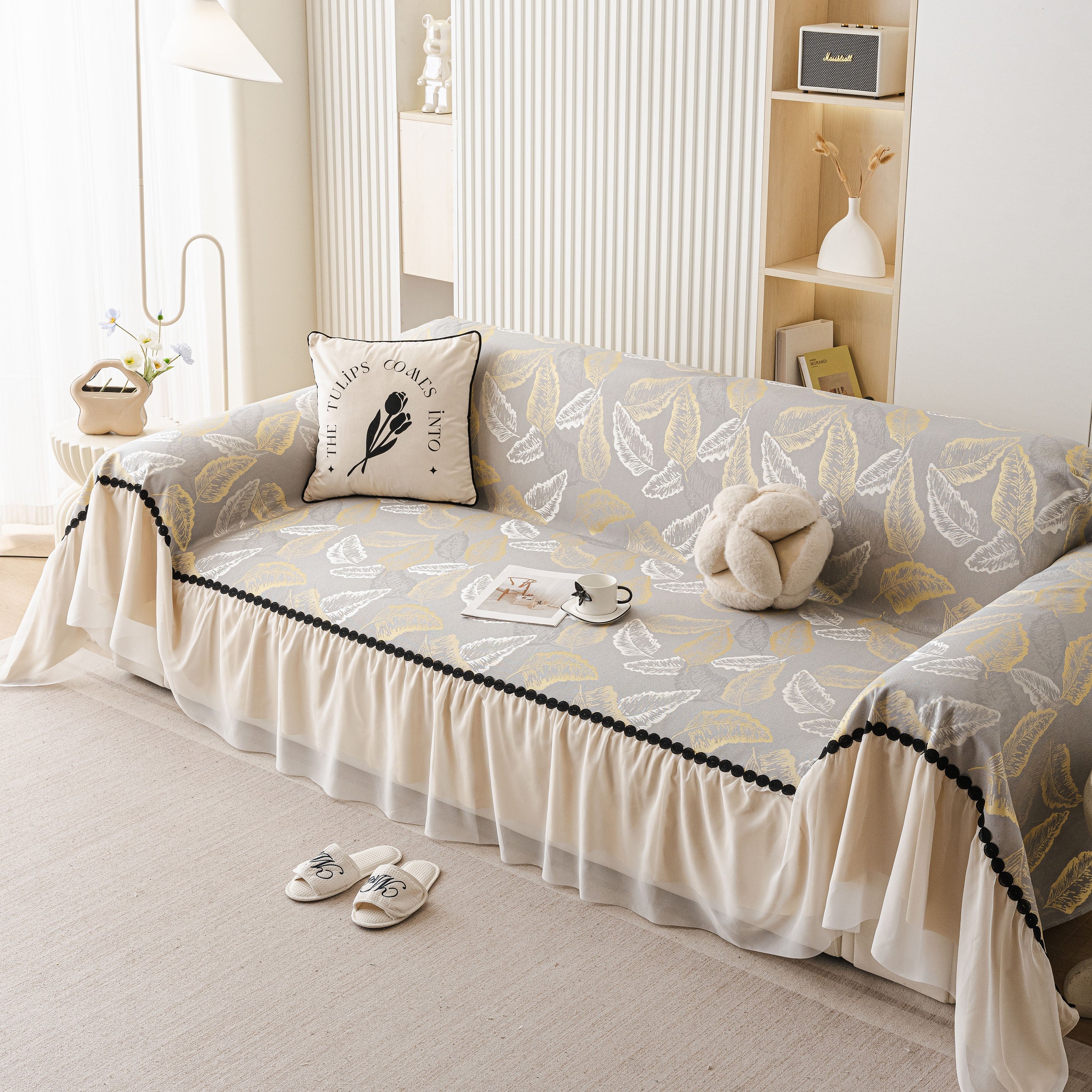 Leaf Jacquard Sofa Cover with Ruffle Skirt – Non-Slip Couch Protector with Sheer Hem - Image 42