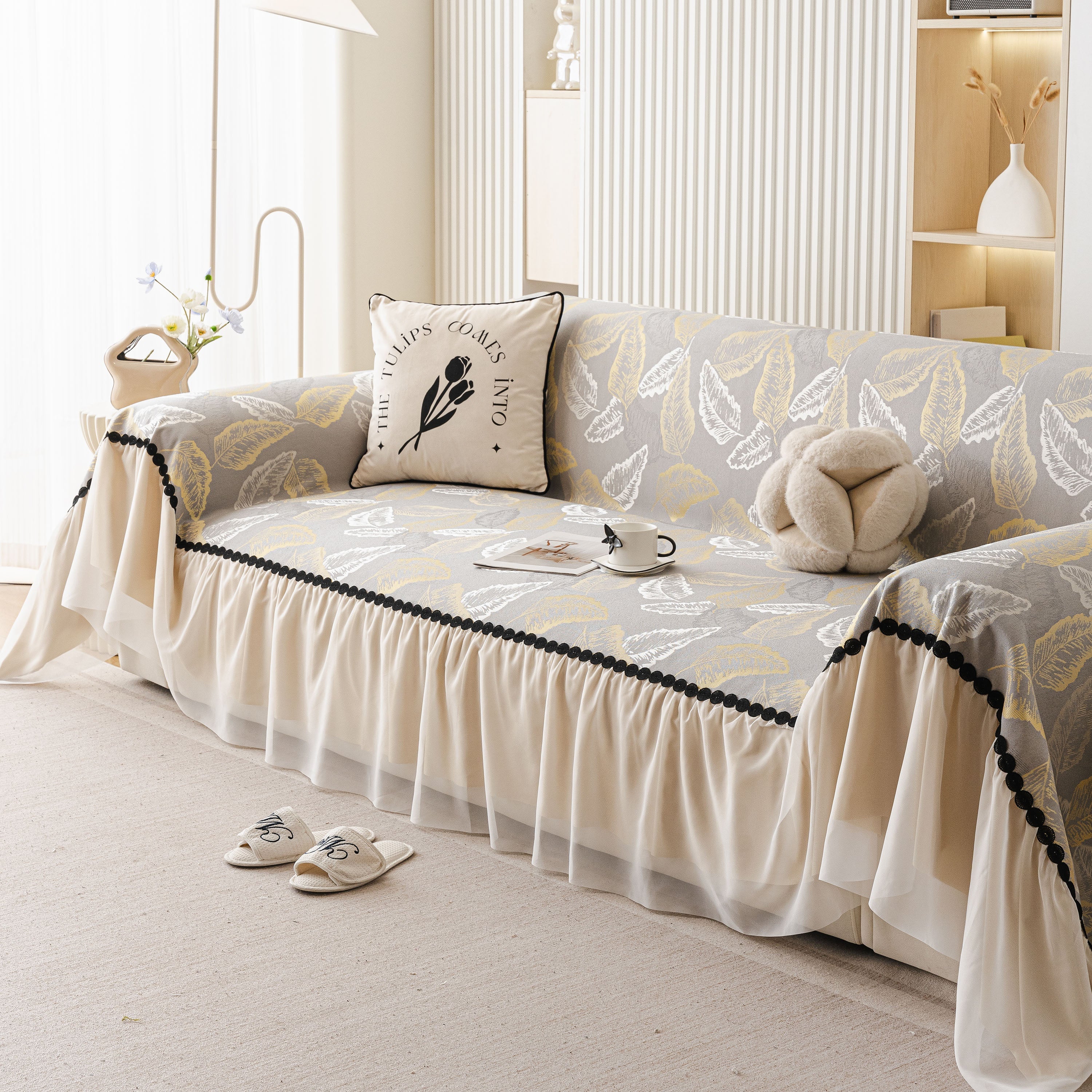 Leaf Jacquard Sofa Cover with Ruffle Skirt – Non-Slip Couch Protector with Sheer Hem - Image 43
