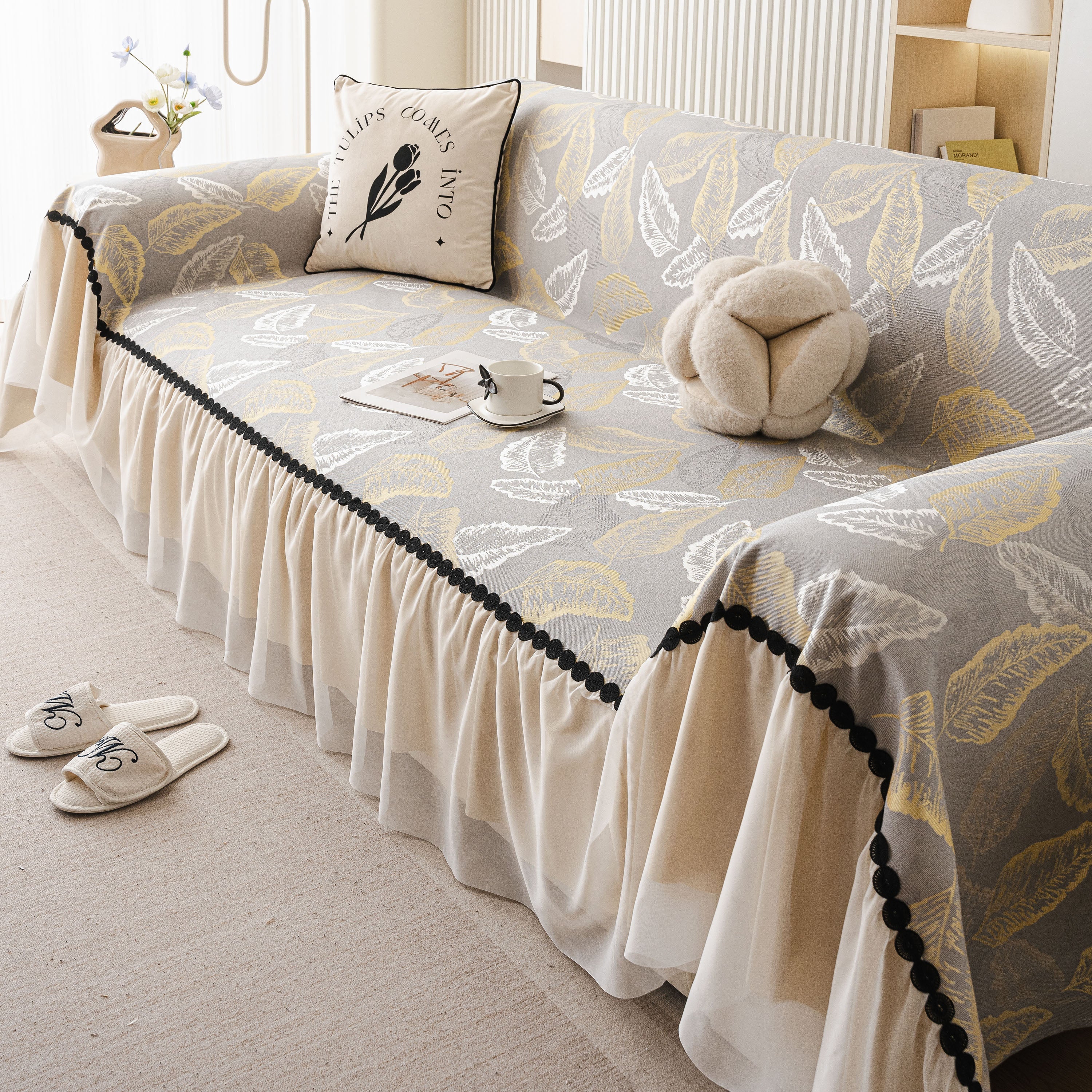 Leaf Jacquard Sofa Cover with Ruffle Skirt – Non-Slip Couch Protector with Sheer Hem - Image 44