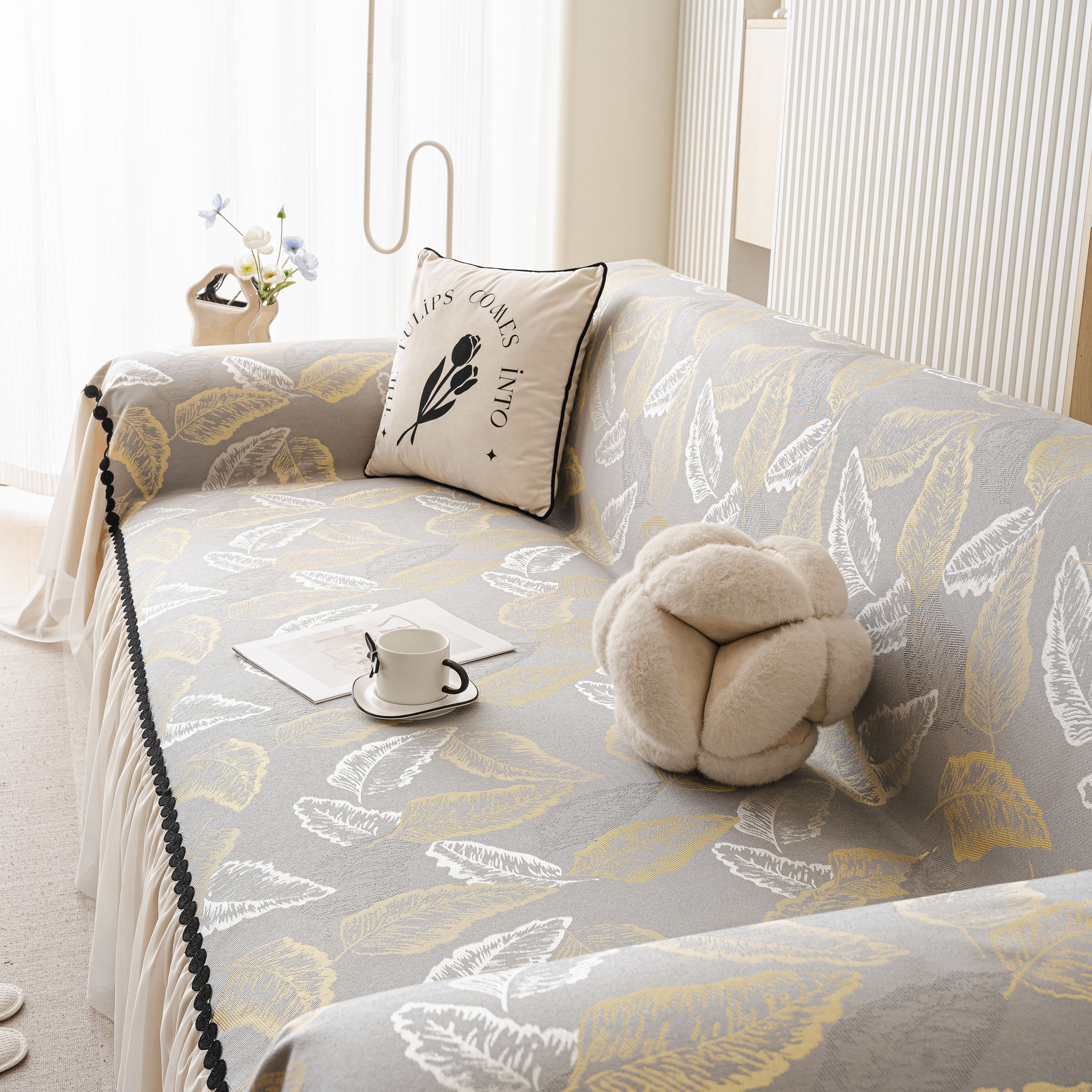 Leaf Jacquard Sofa Cover with Ruffle Skirt – Non-Slip Couch Protector with Sheer Hem - Image 45