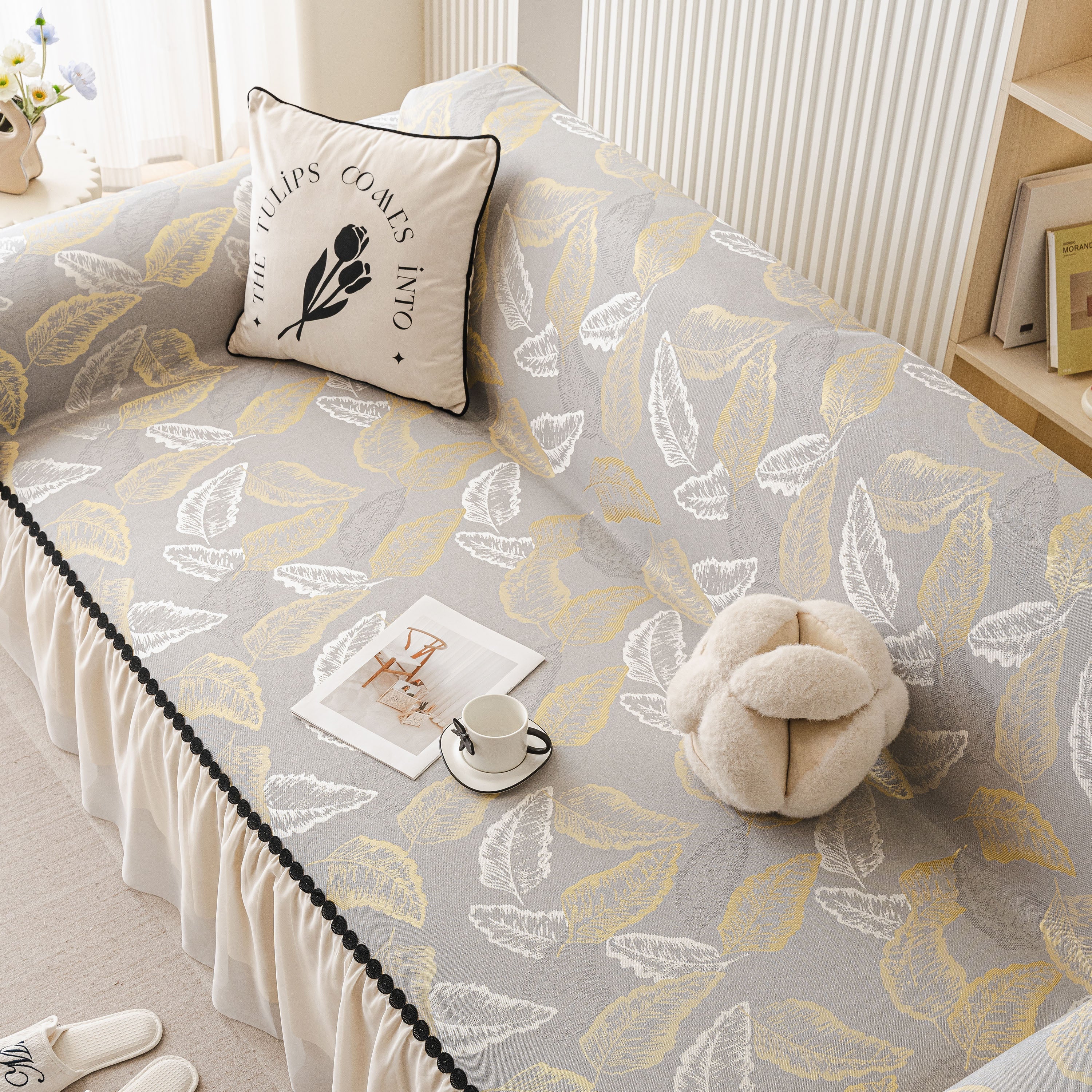 Leaf Jacquard Sofa Cover with Ruffle Skirt – Non-Slip Couch Protector with Sheer Hem - Image 46