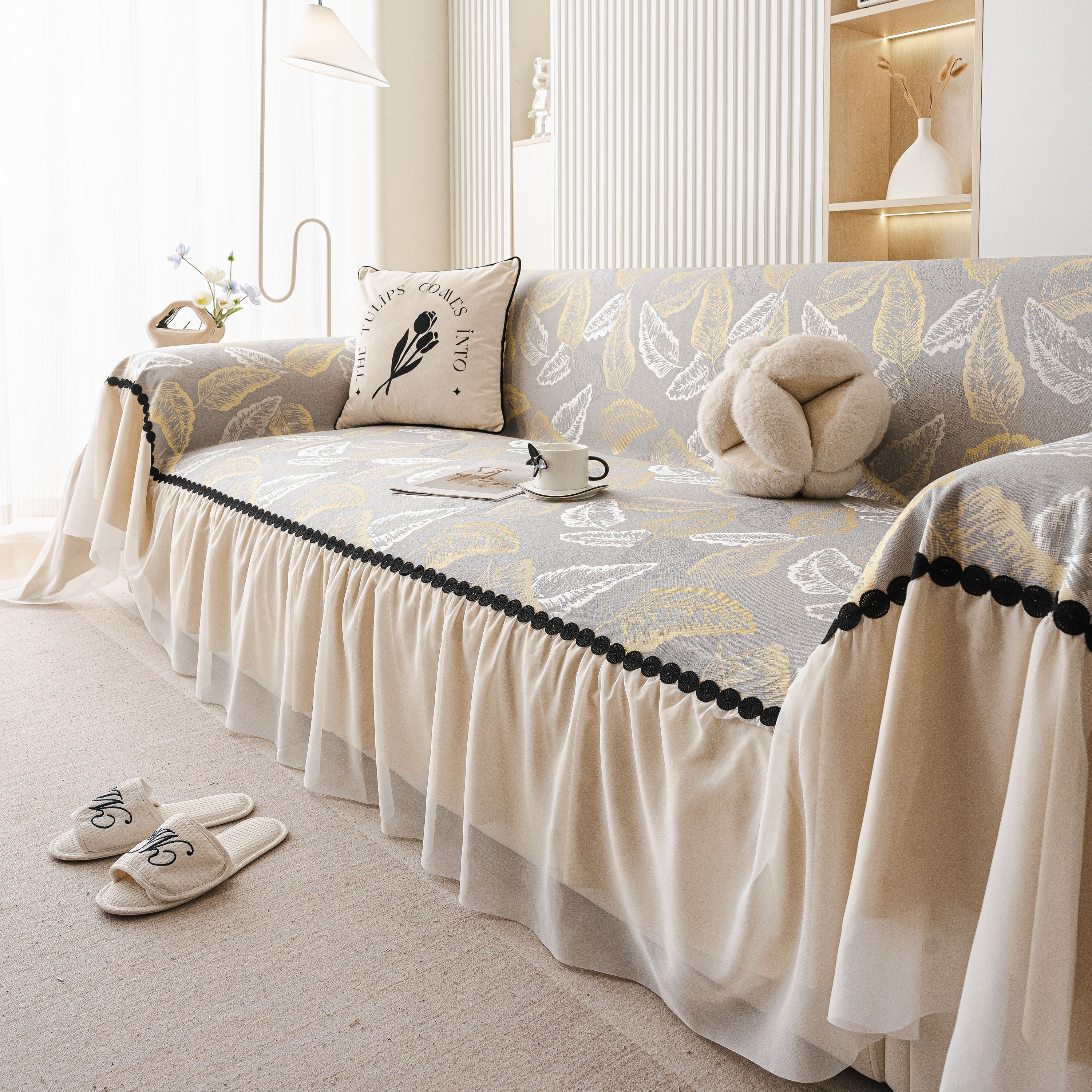 Leaf Jacquard Sofa Cover with Ruffle Skirt – Non-Slip Couch Protector with Sheer Hem - Image 47
