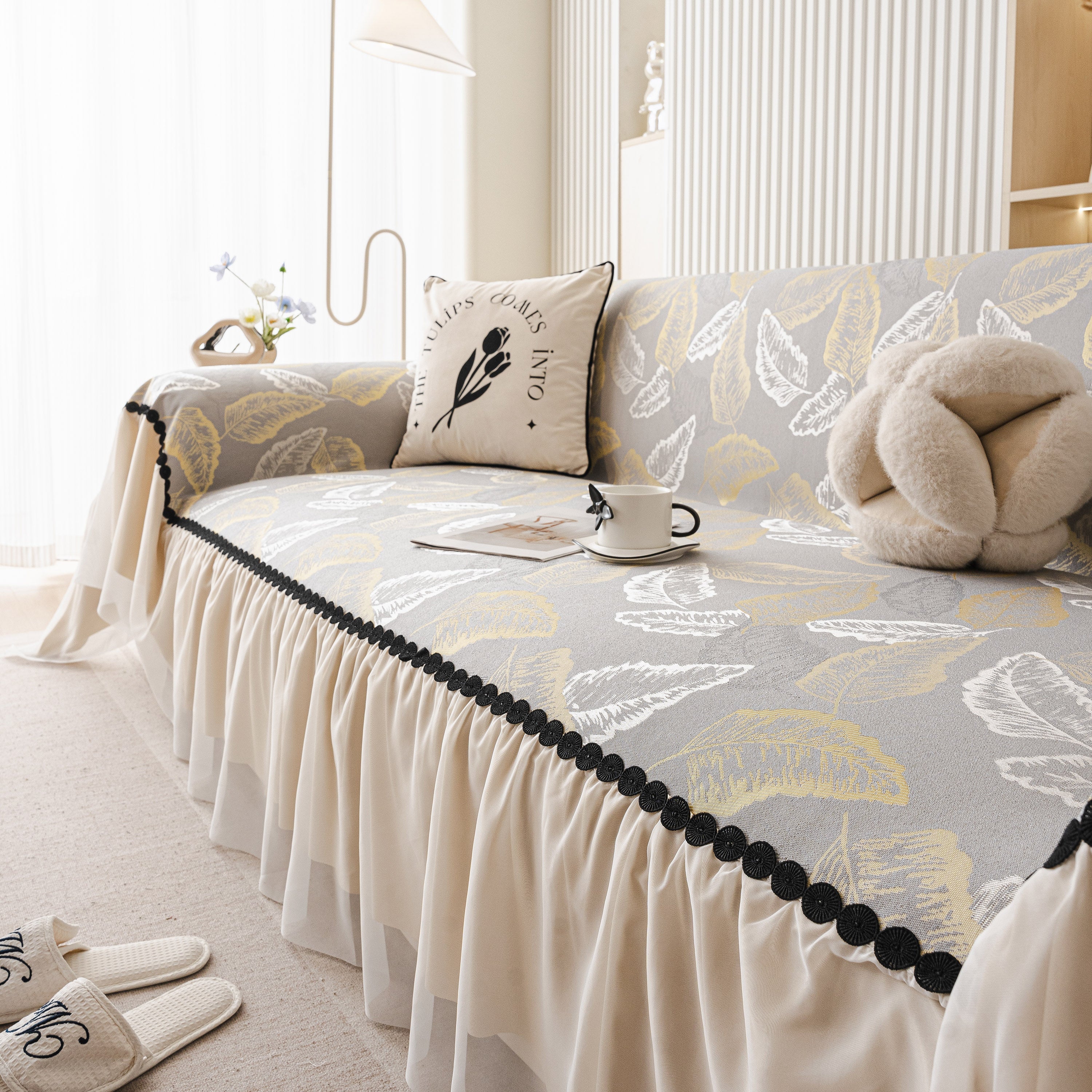 Leaf Jacquard Sofa Cover with Ruffle Skirt – Non-Slip Couch Protector with Sheer Hem - Image 48