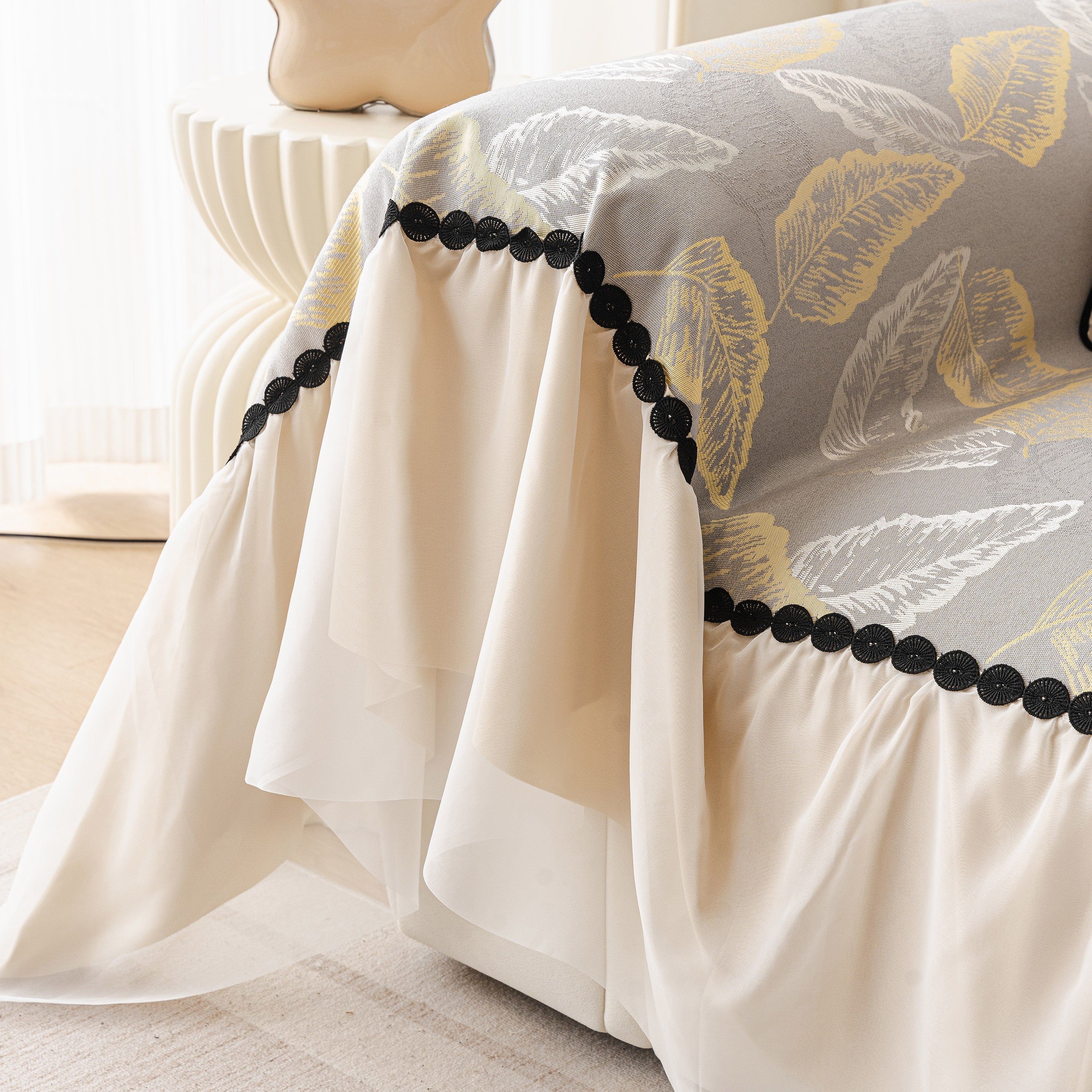 Leaf Jacquard Sofa Cover with Ruffle Skirt – Non-Slip Couch Protector with Sheer Hem - Image 49