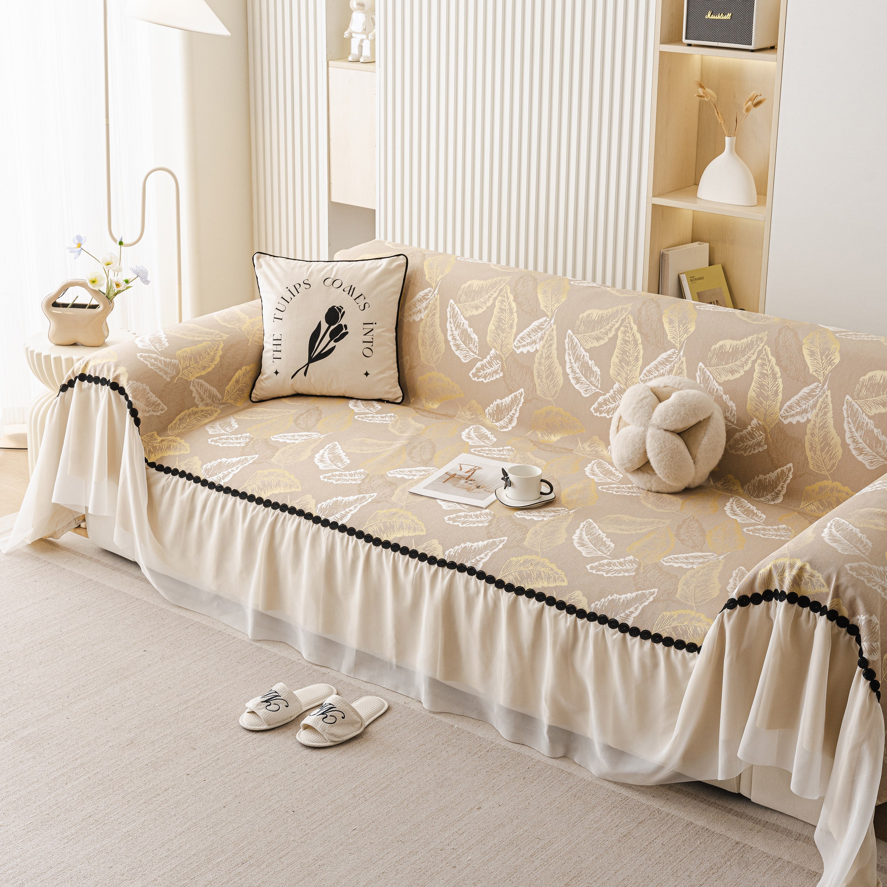 Leaf Jacquard Sofa Cover with Ruffle Skirt – Non-Slip Couch Protector with Sheer Hem - Image 5