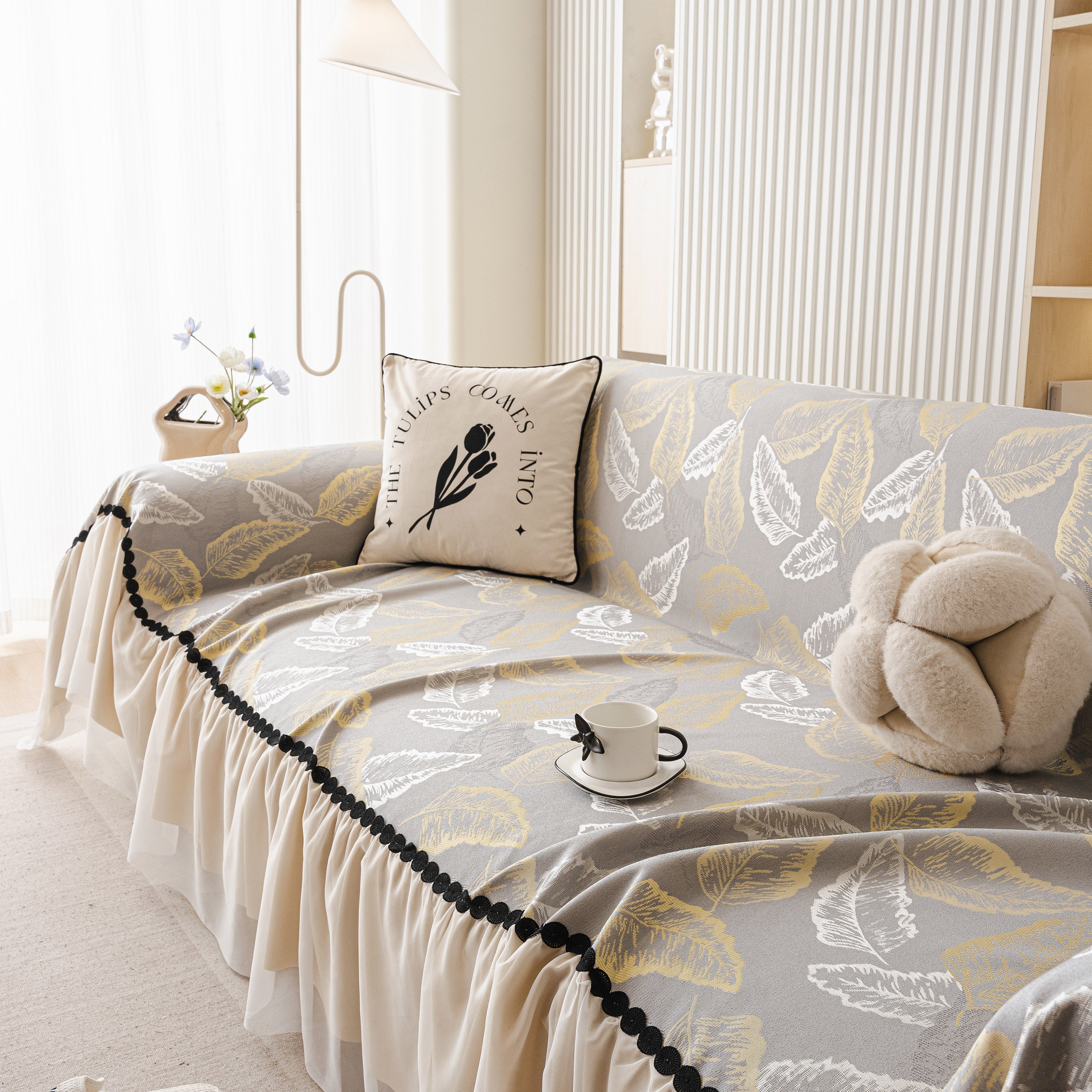 Leaf Jacquard Sofa Cover with Ruffle Skirt – Non-Slip Couch Protector with Sheer Hem - Image 51