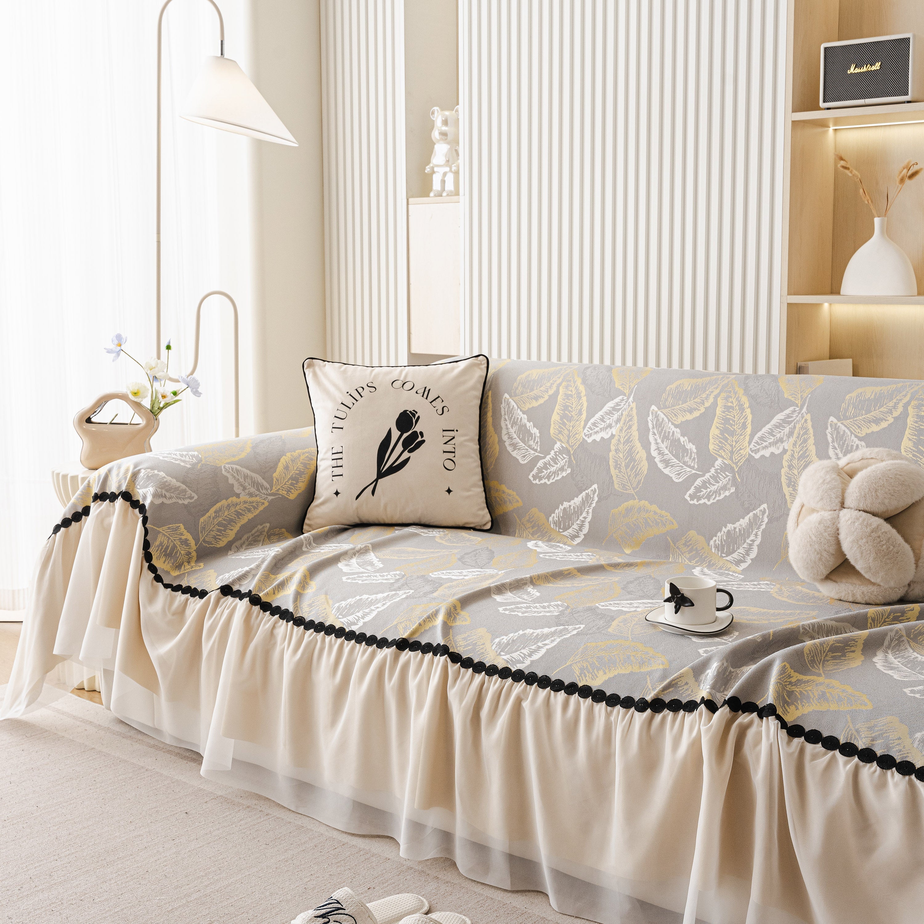 Leaf Jacquard Sofa Cover with Ruffle Skirt – Non-Slip Couch Protector with Sheer Hem - Image 52