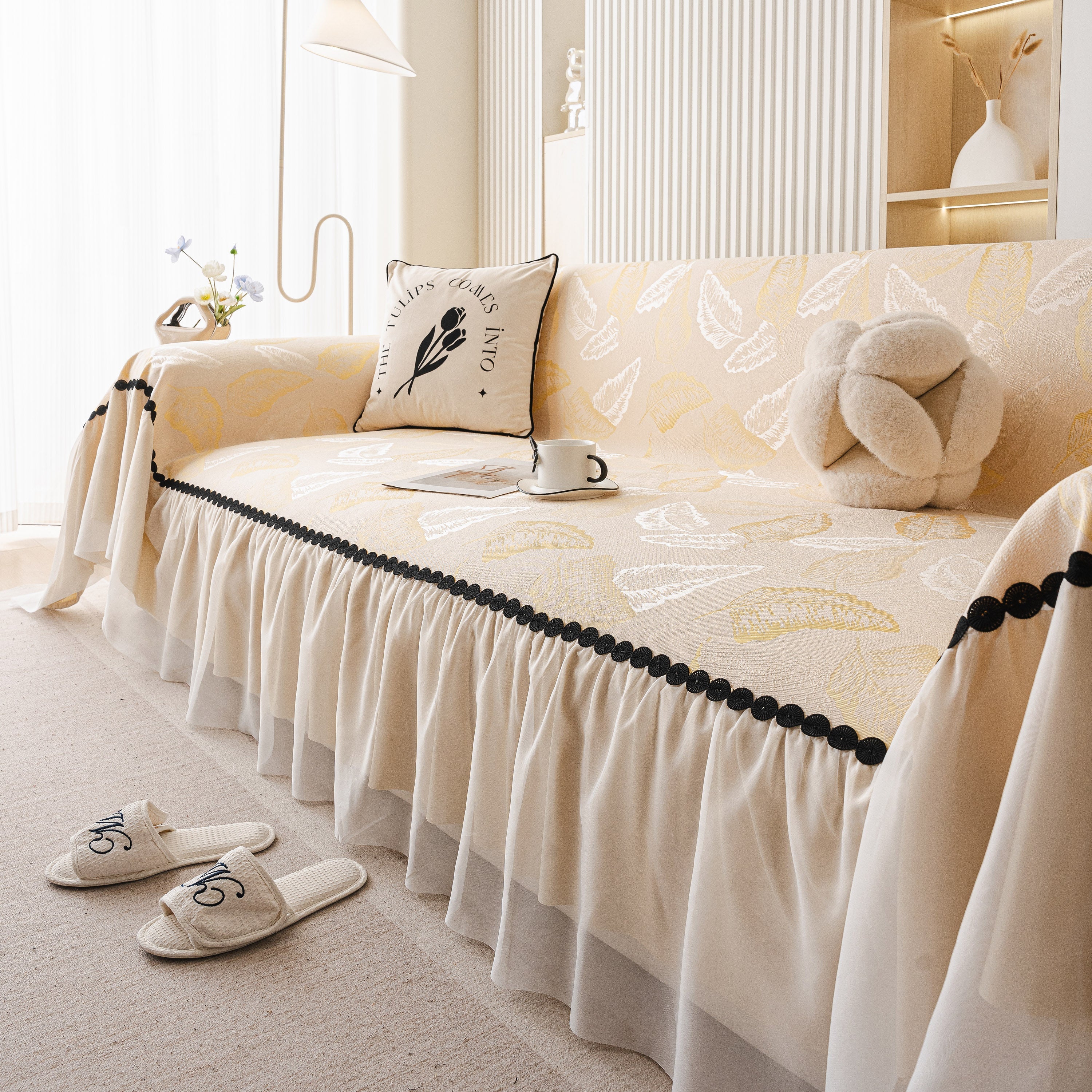 Leaf Jacquard Sofa Cover with Ruffle Skirt – Non-Slip Couch Protector with Sheer Hem - Image 56