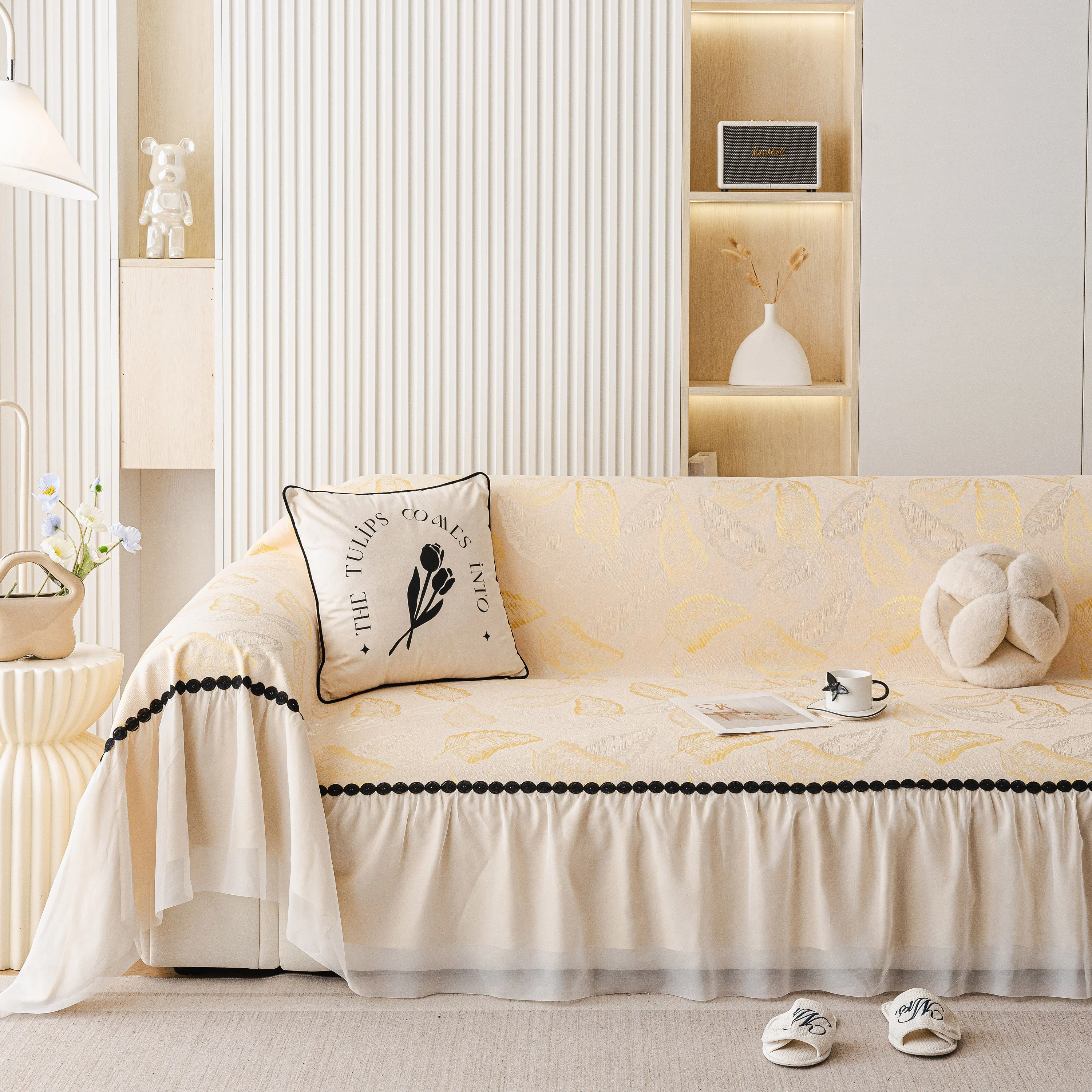 Leaf Jacquard Sofa Cover with Ruffle Skirt – Non-Slip Couch Protector with Sheer Hem - Image 57