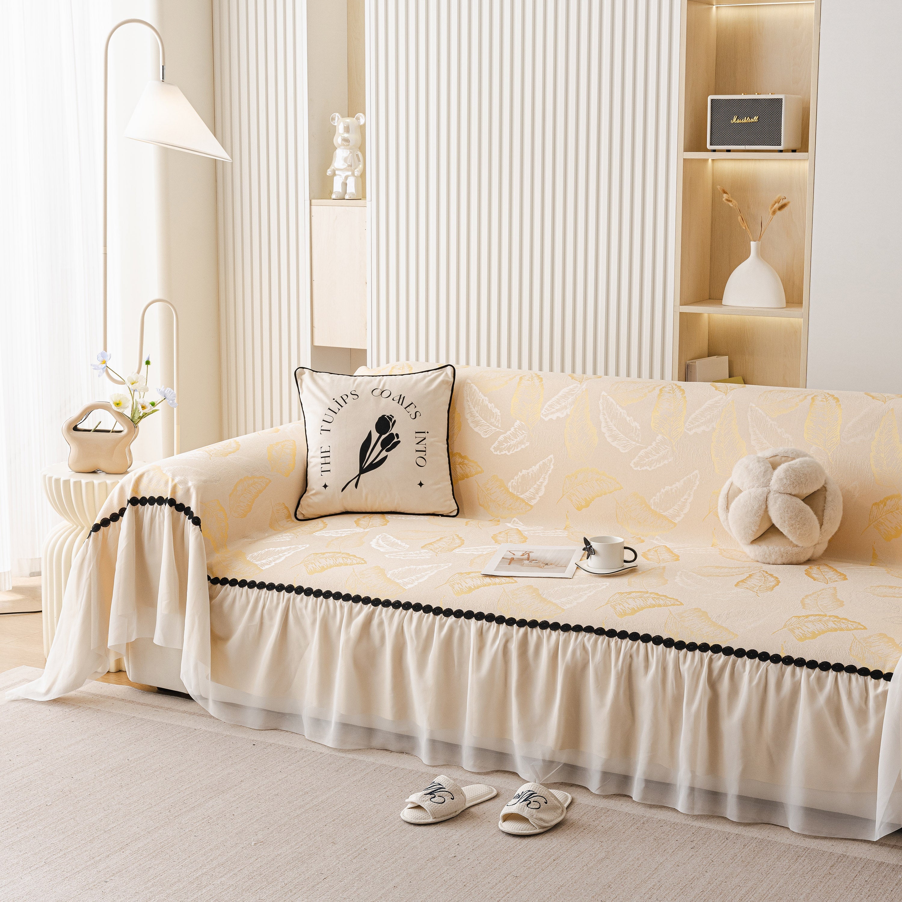 Leaf Jacquard Sofa Cover with Ruffle Skirt – Non-Slip Couch Protector with Sheer Hem - Image 58