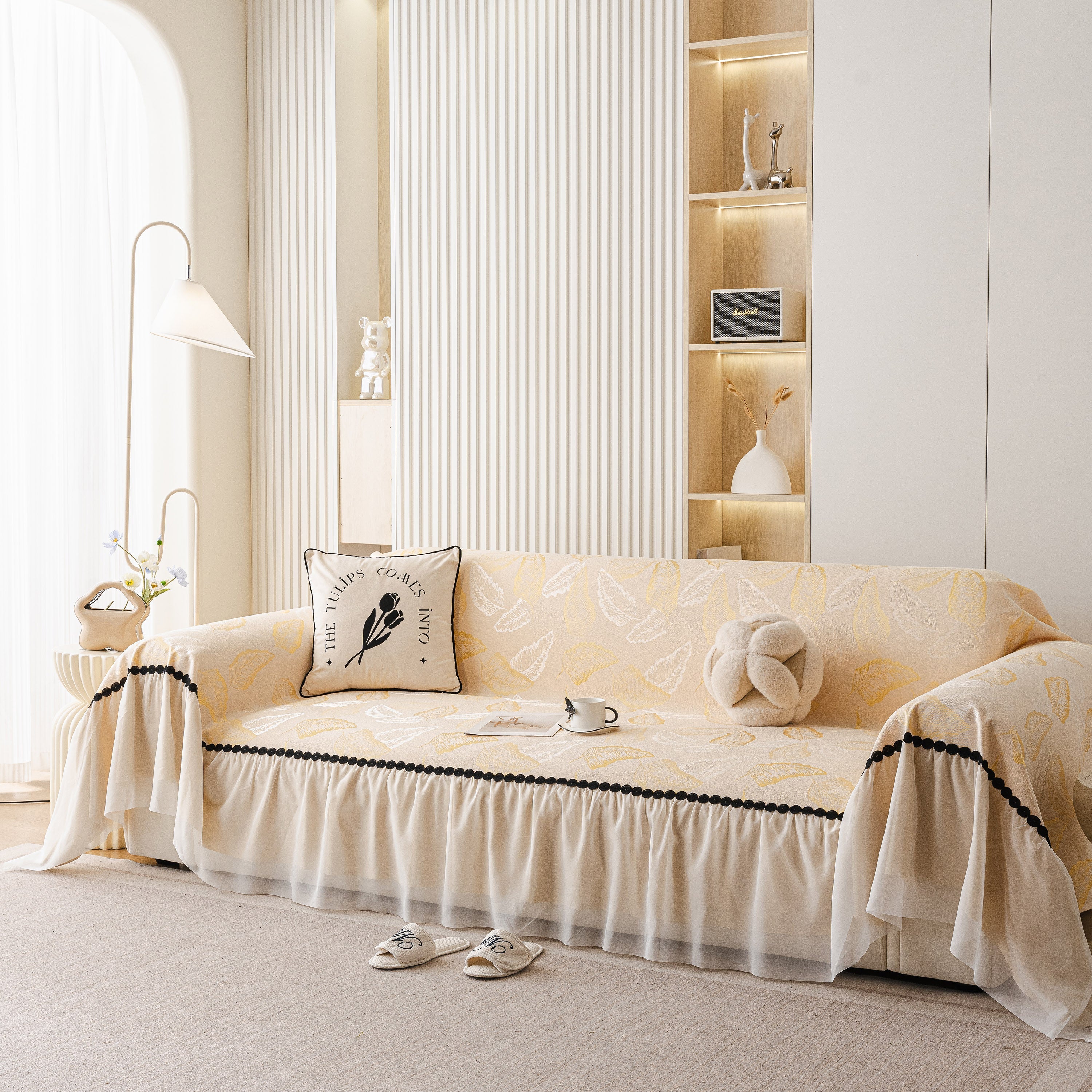 Leaf Jacquard Sofa Cover with Ruffle Skirt – Non-Slip Couch Protector with Sheer Hem - Image 59
