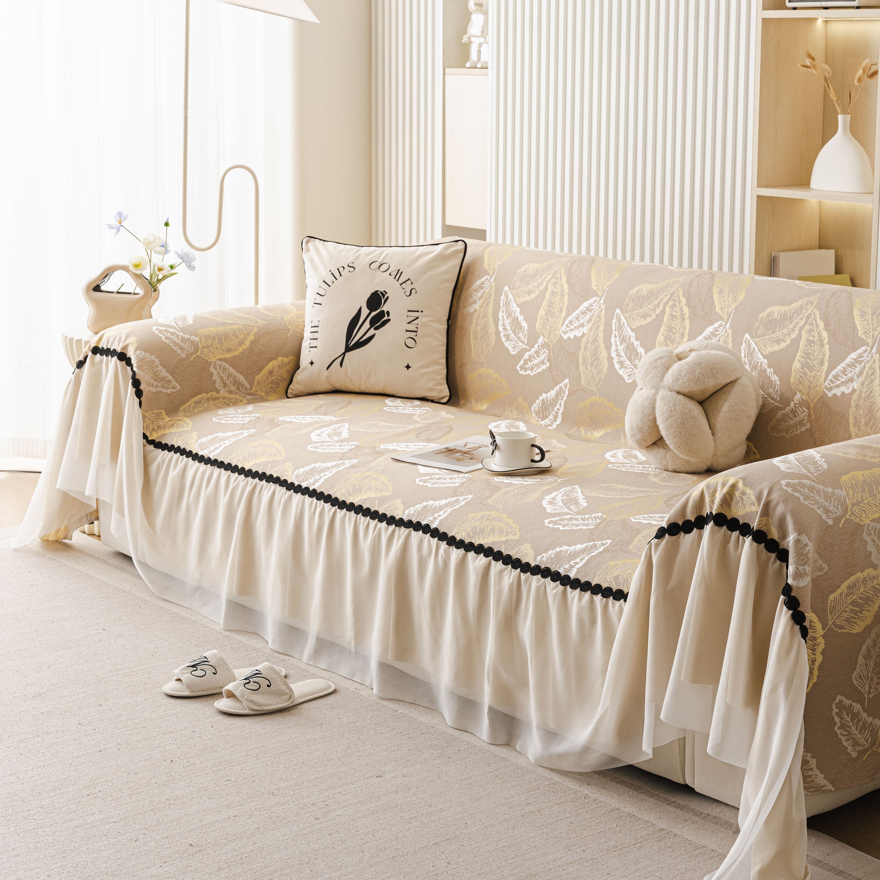 Leaf Jacquard Sofa Cover with Ruffle Skirt – Non-Slip Couch Protector with Sheer Hem - Image 6