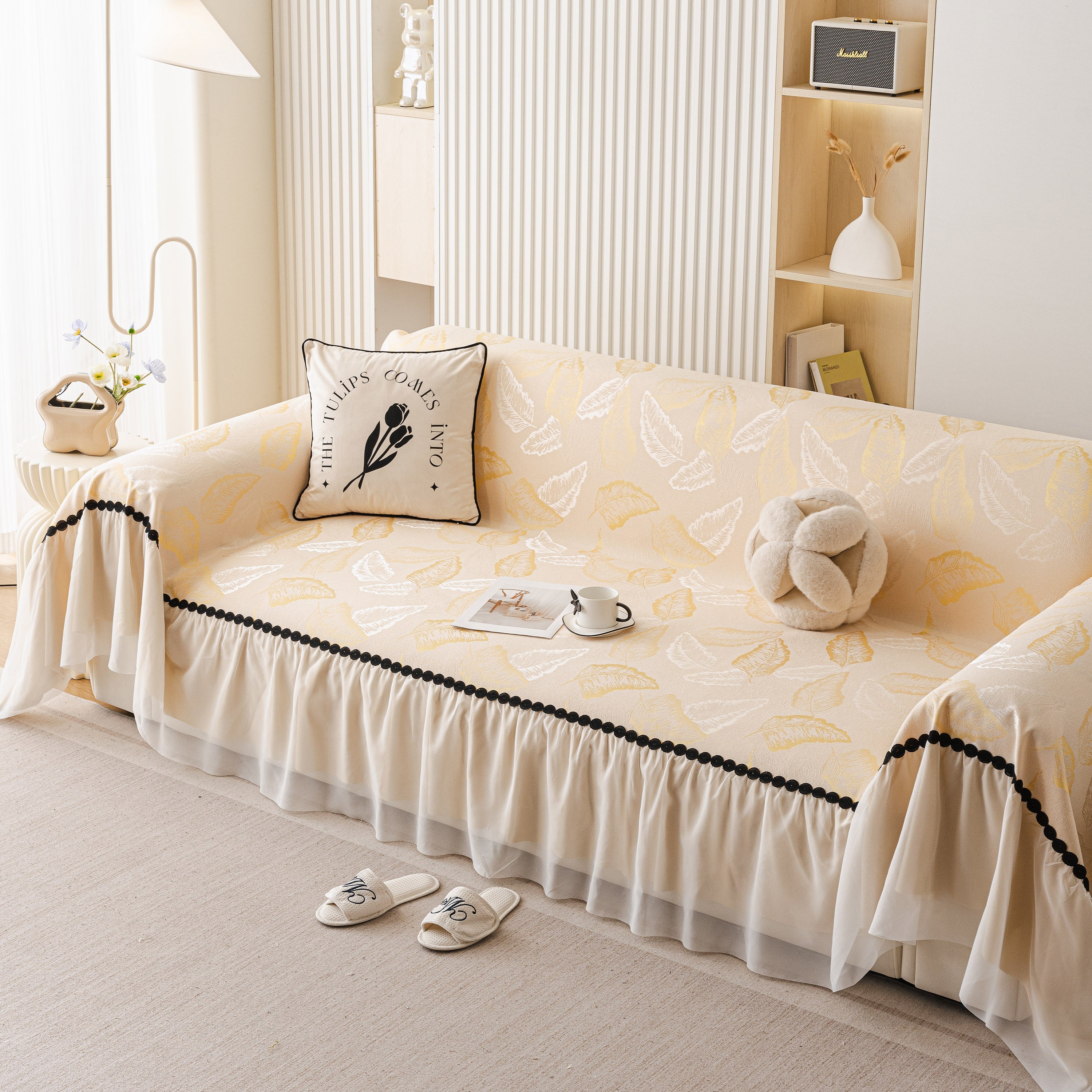 Leaf Jacquard Sofa Cover with Ruffle Skirt – Non-Slip Couch Protector with Sheer Hem - Image 60