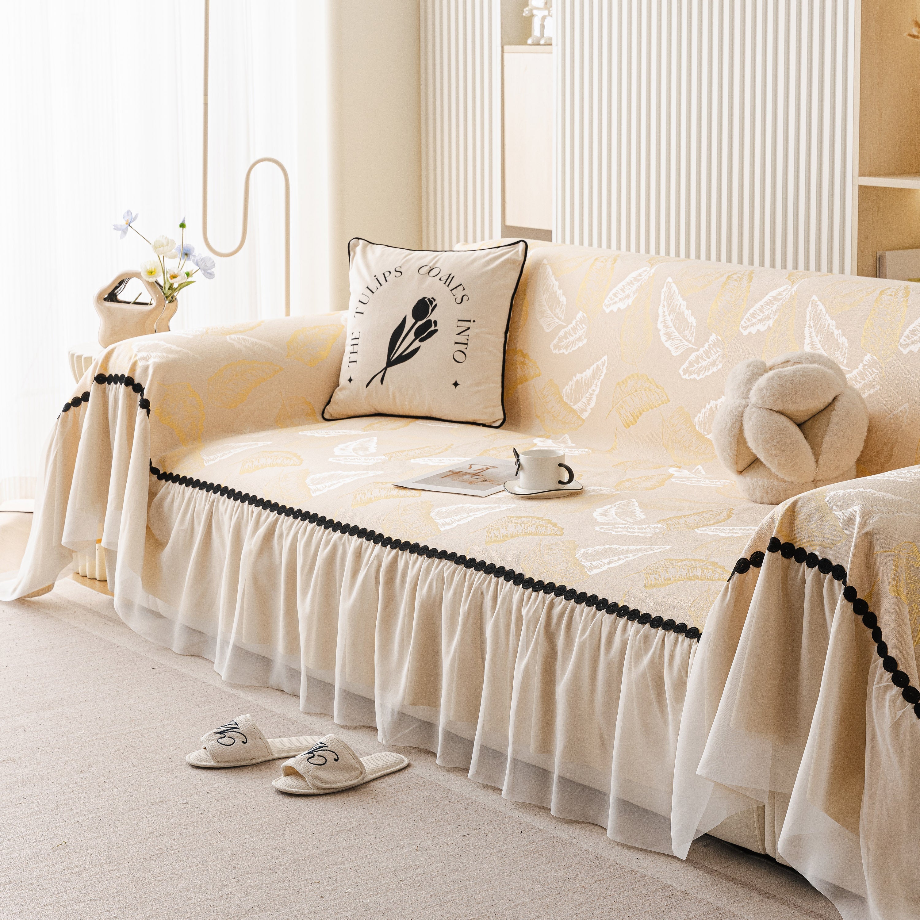 Leaf Jacquard Sofa Cover with Ruffle Skirt – Non-Slip Couch Protector with Sheer Hem - Image 61