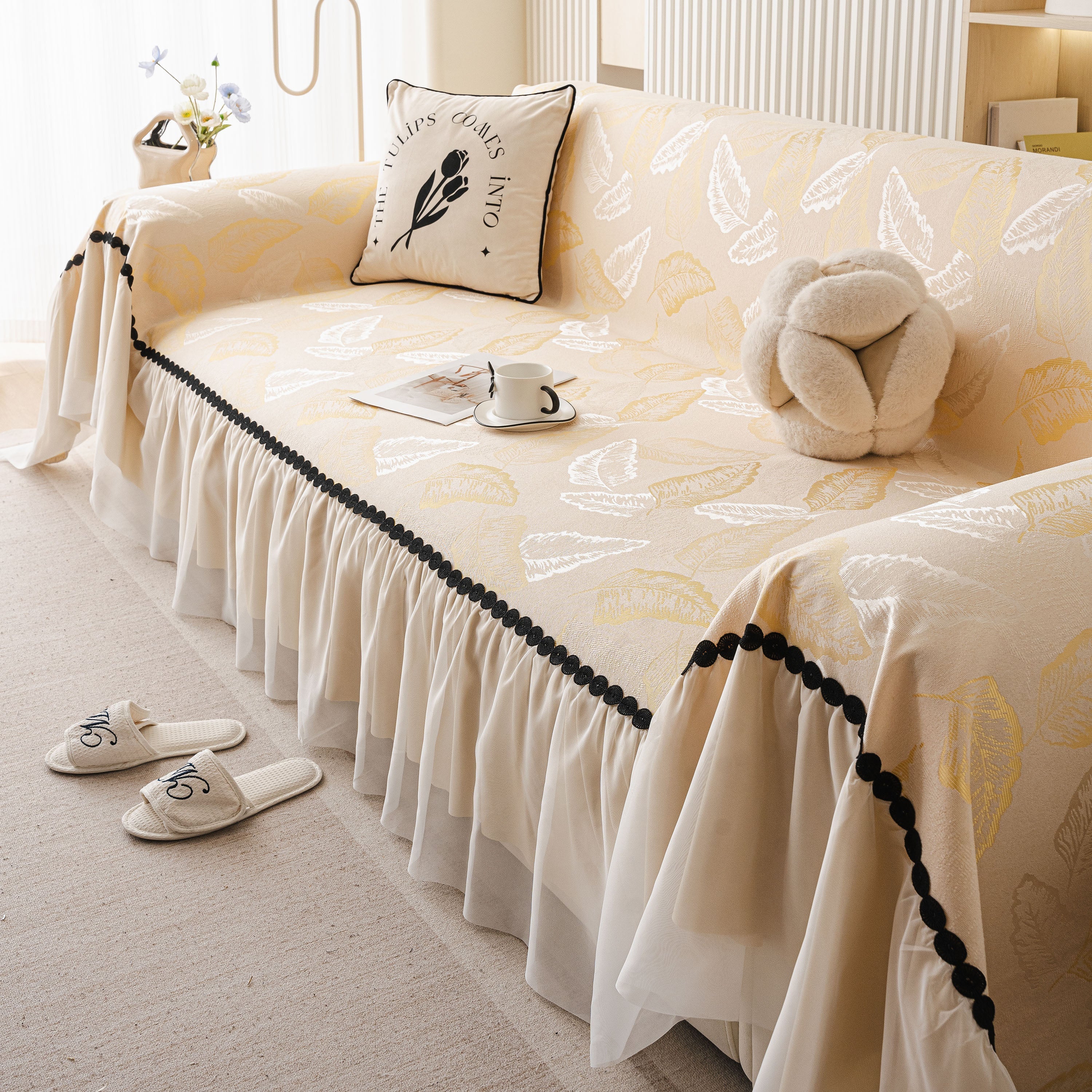 Leaf Jacquard Sofa Cover with Ruffle Skirt – Non-Slip Couch Protector with Sheer Hem - Image 62