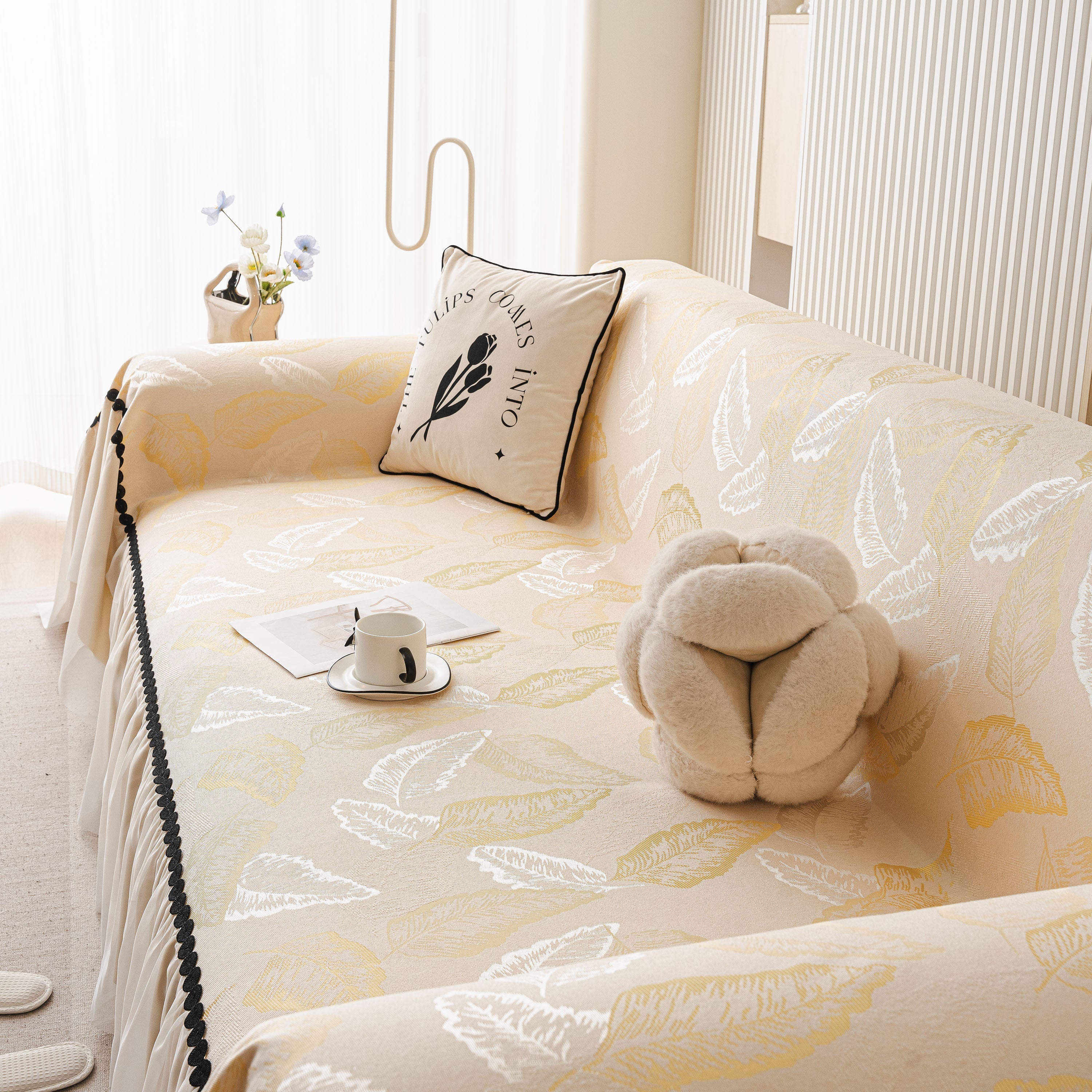 Leaf Jacquard Sofa Cover with Ruffle Skirt – Non-Slip Couch Protector with Sheer Hem - Image 63